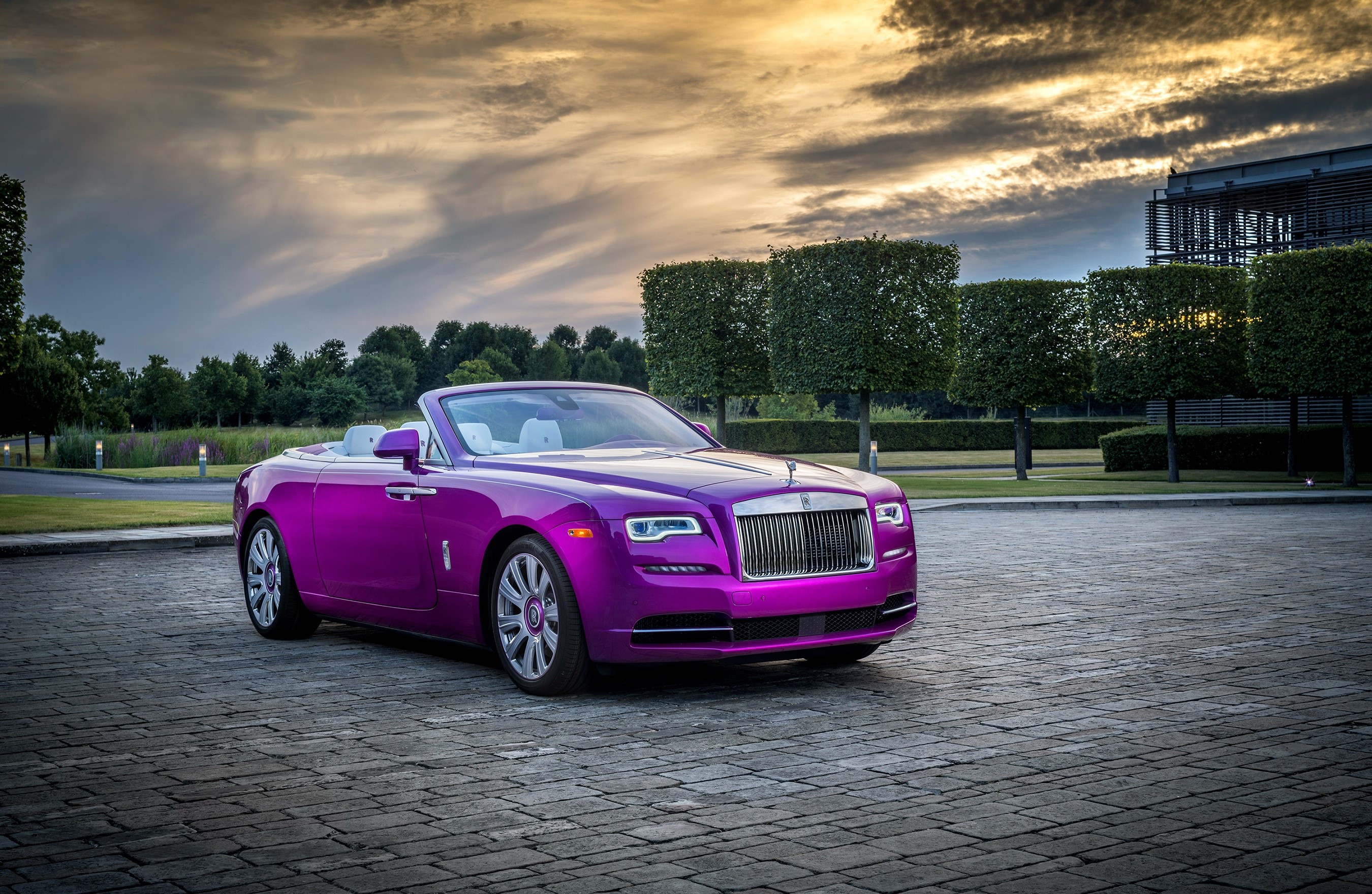 Violet Rolls-Royce Cabriolet parked on cobblestone HD Wallpaper