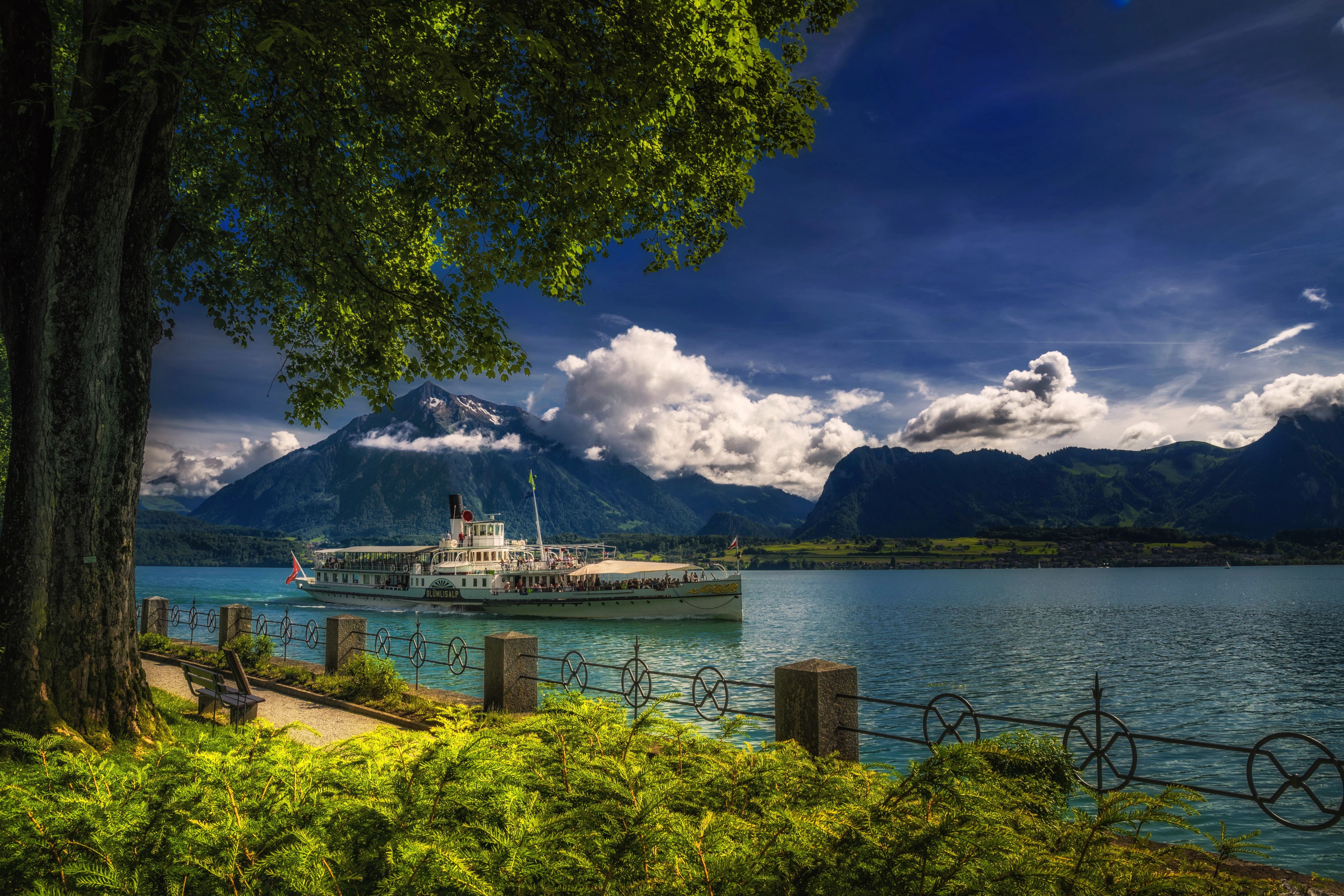 Riverboat on Lake Thun with Mountains, Switzerland HD Wallpaper