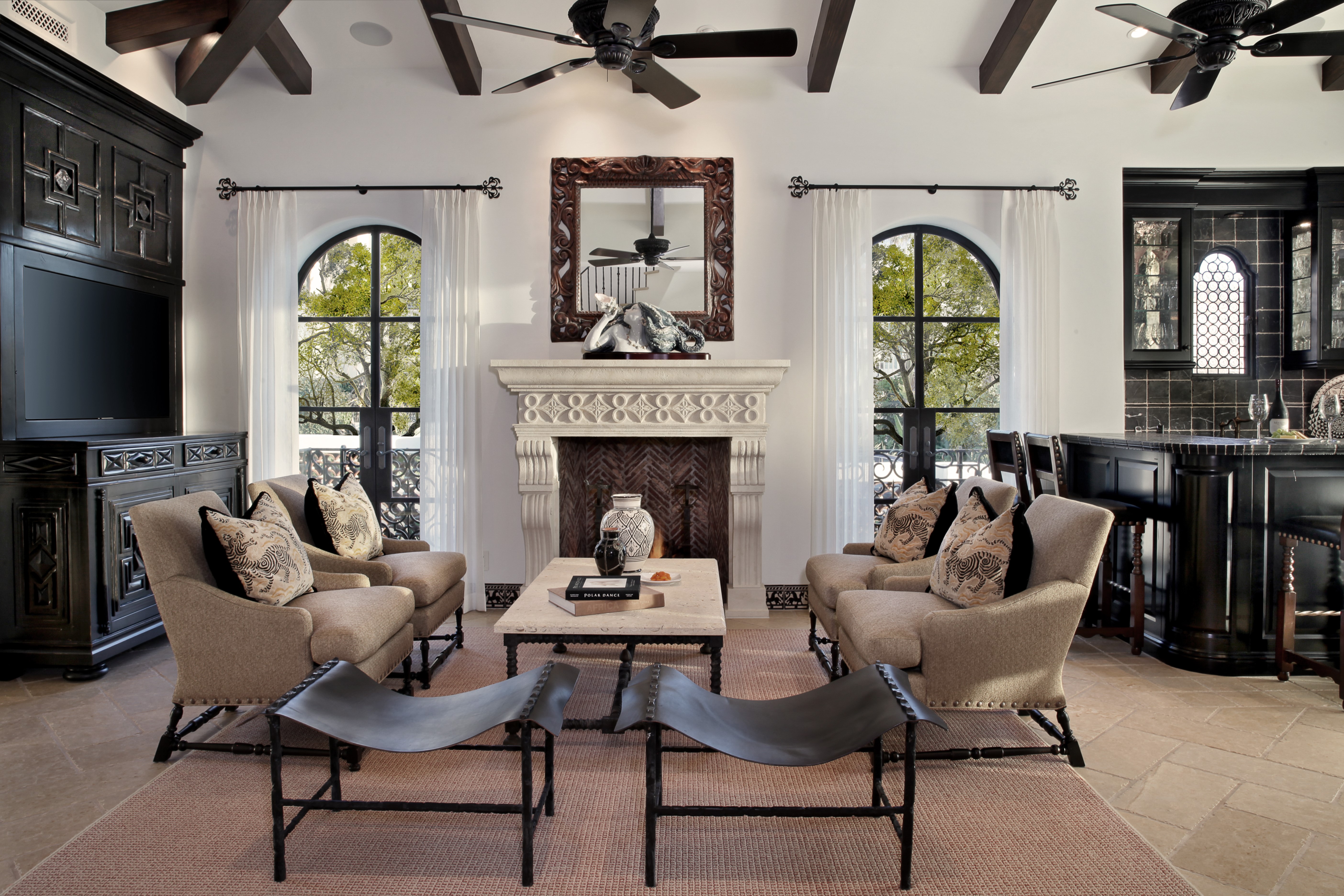 Living room with fireplace and bar HD Wallpaper