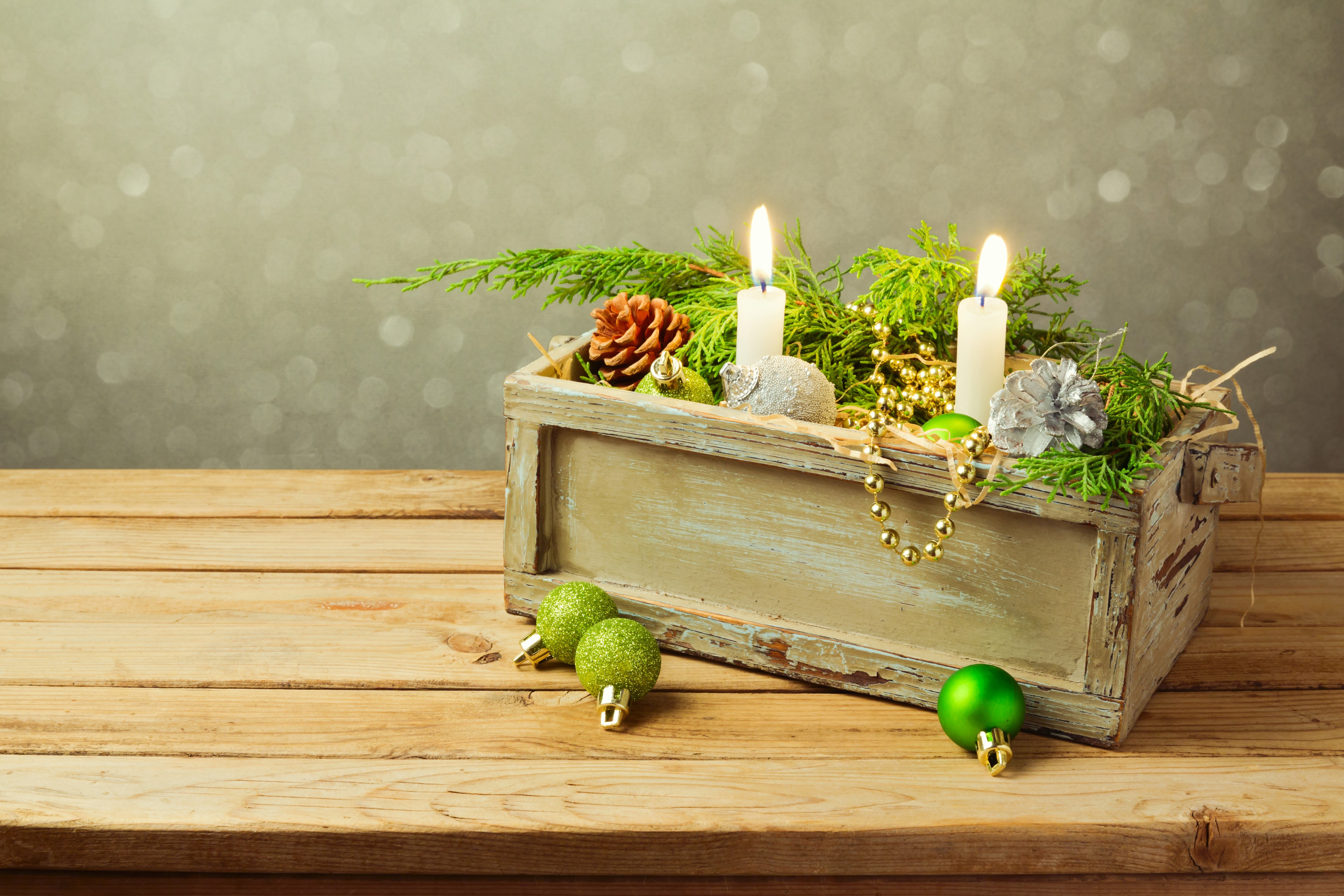 Christmas Advent Crate with Candles and Ornaments HD Wallpaper