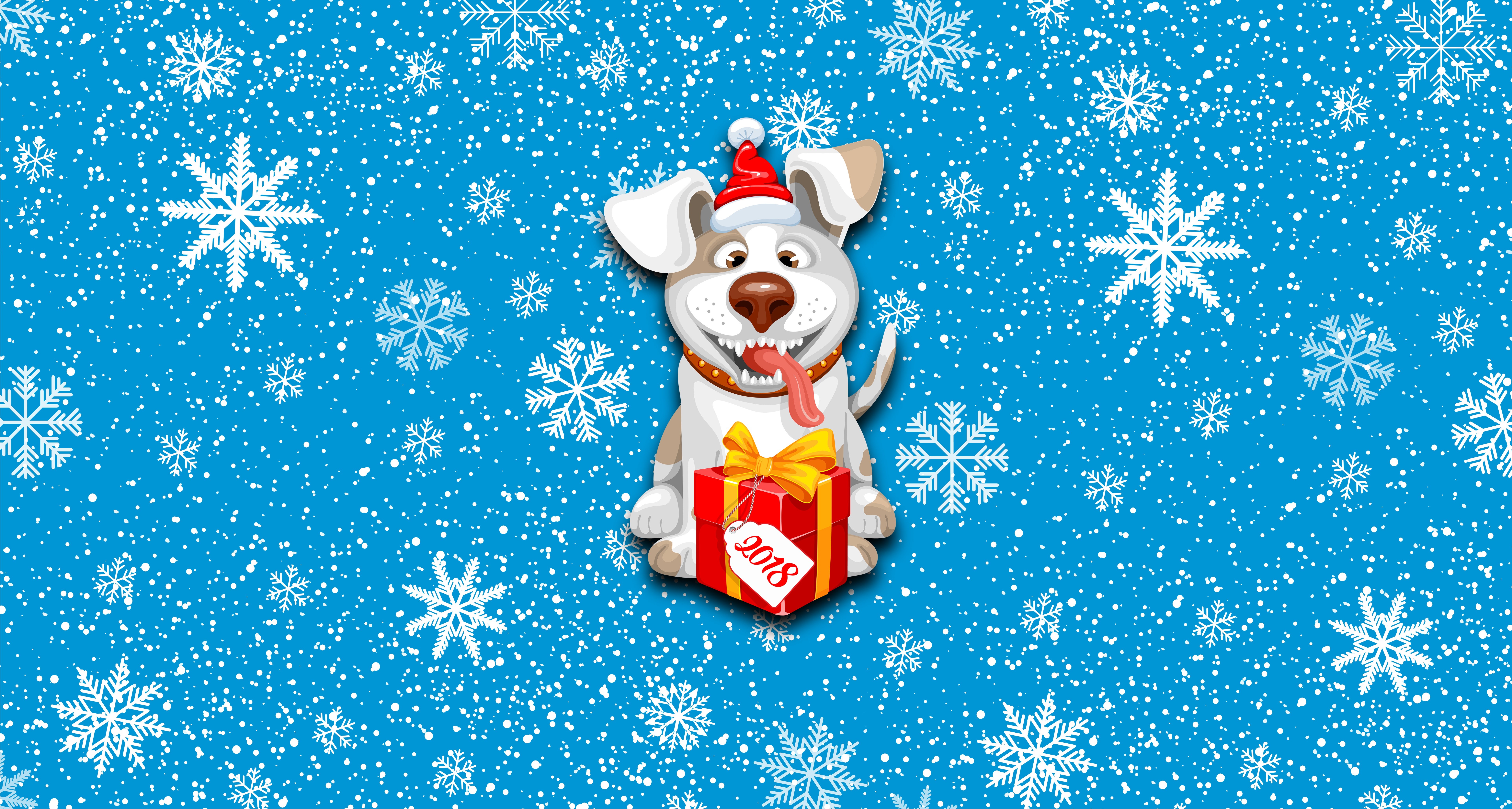 Dog in Santa hat with gift and 2018 tag HD Wallpaper