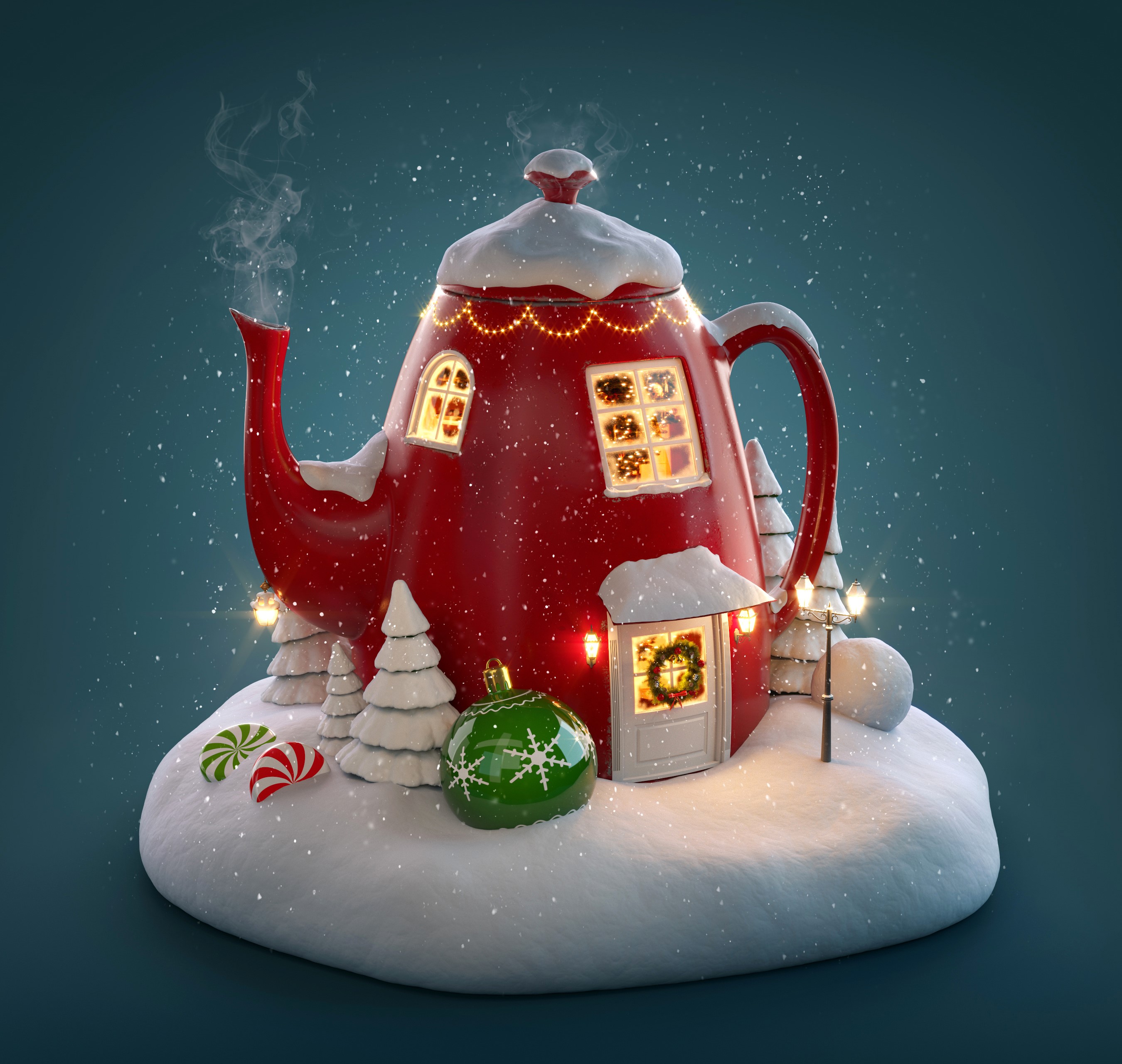 Christmas teapot house in the snow HD Wallpaper