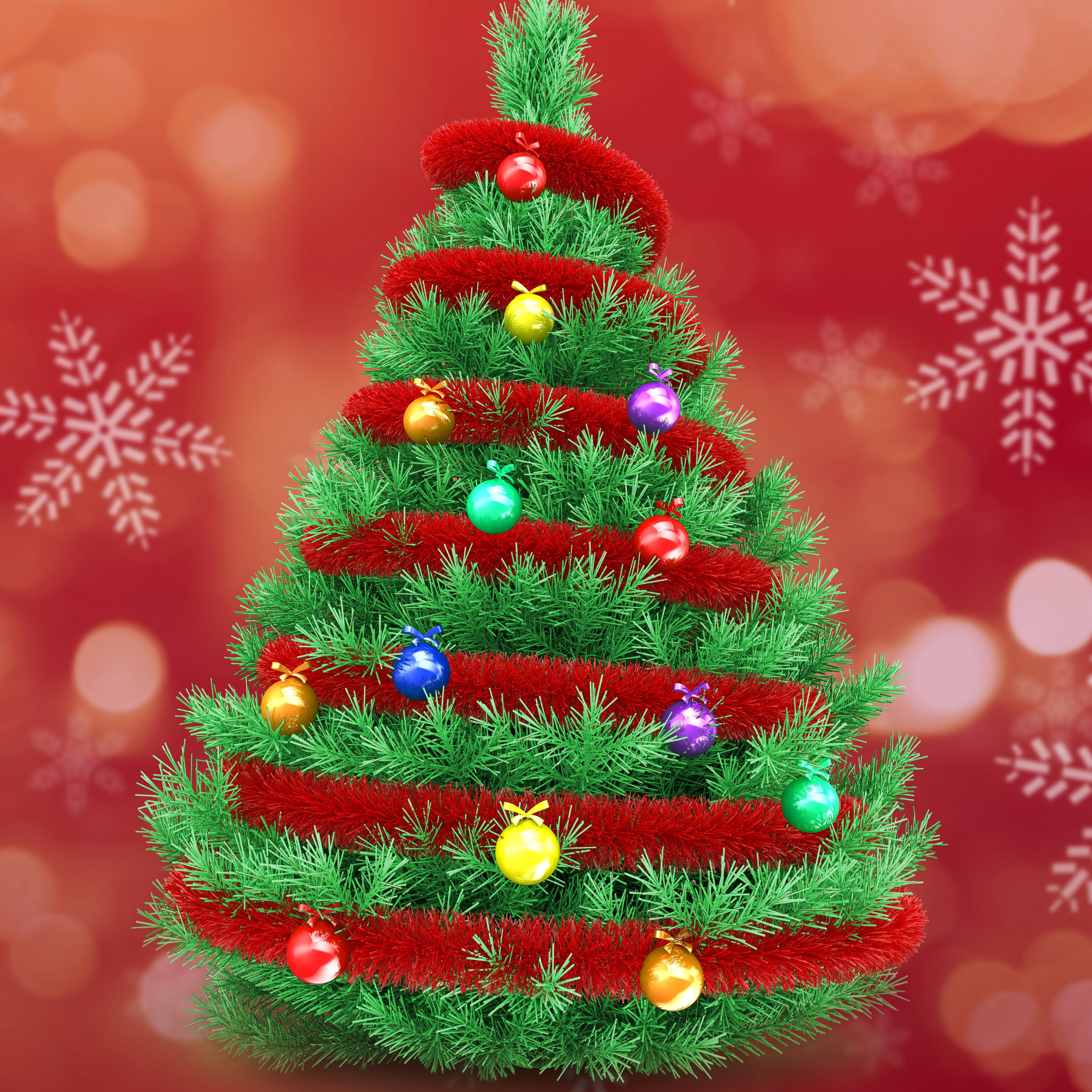 Christmas tree decorated with red tinsel and colorful balls HD Wallpaper