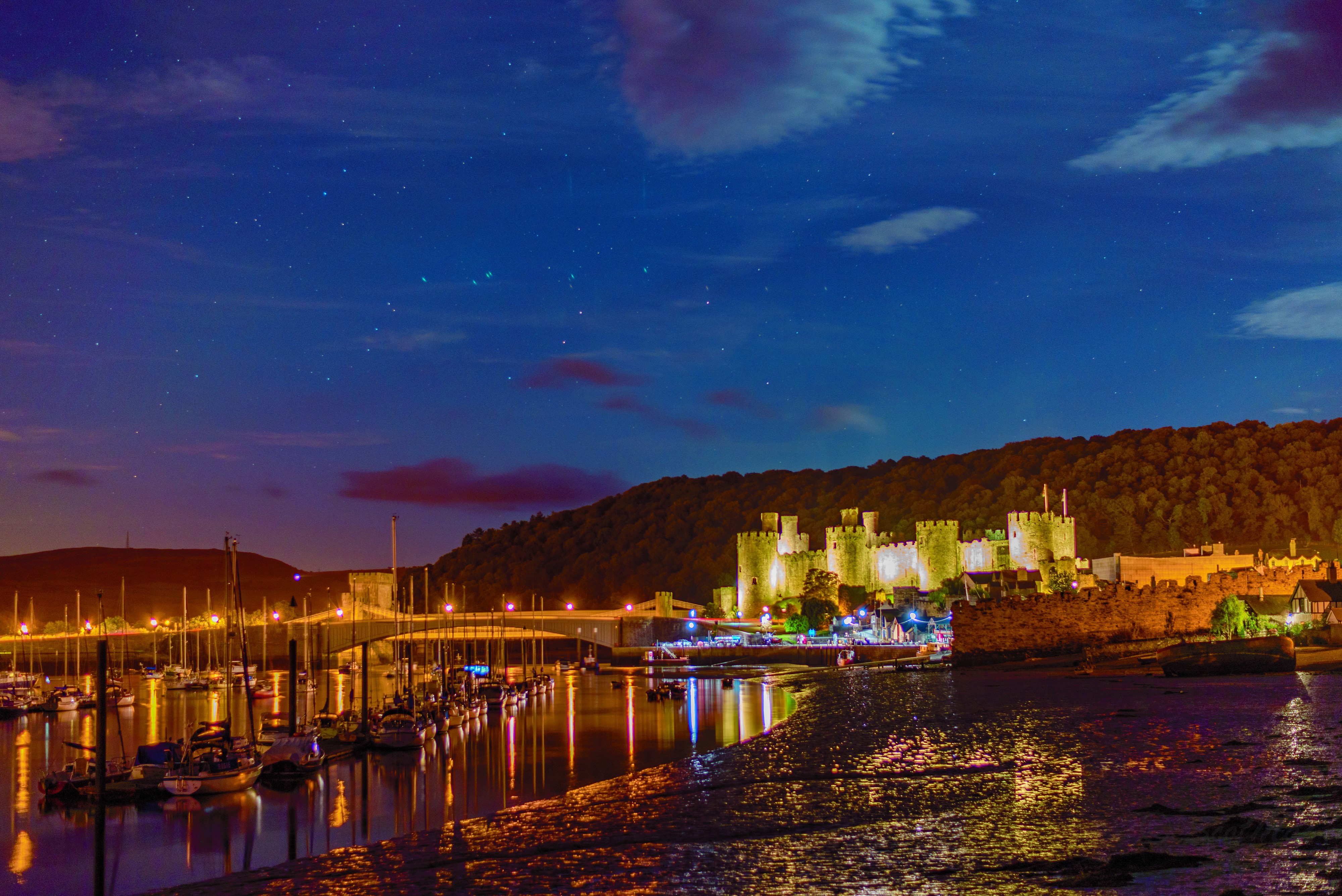 Conwy Castle and Marina at Night, Wales, United Kingdom HD Wallpaper