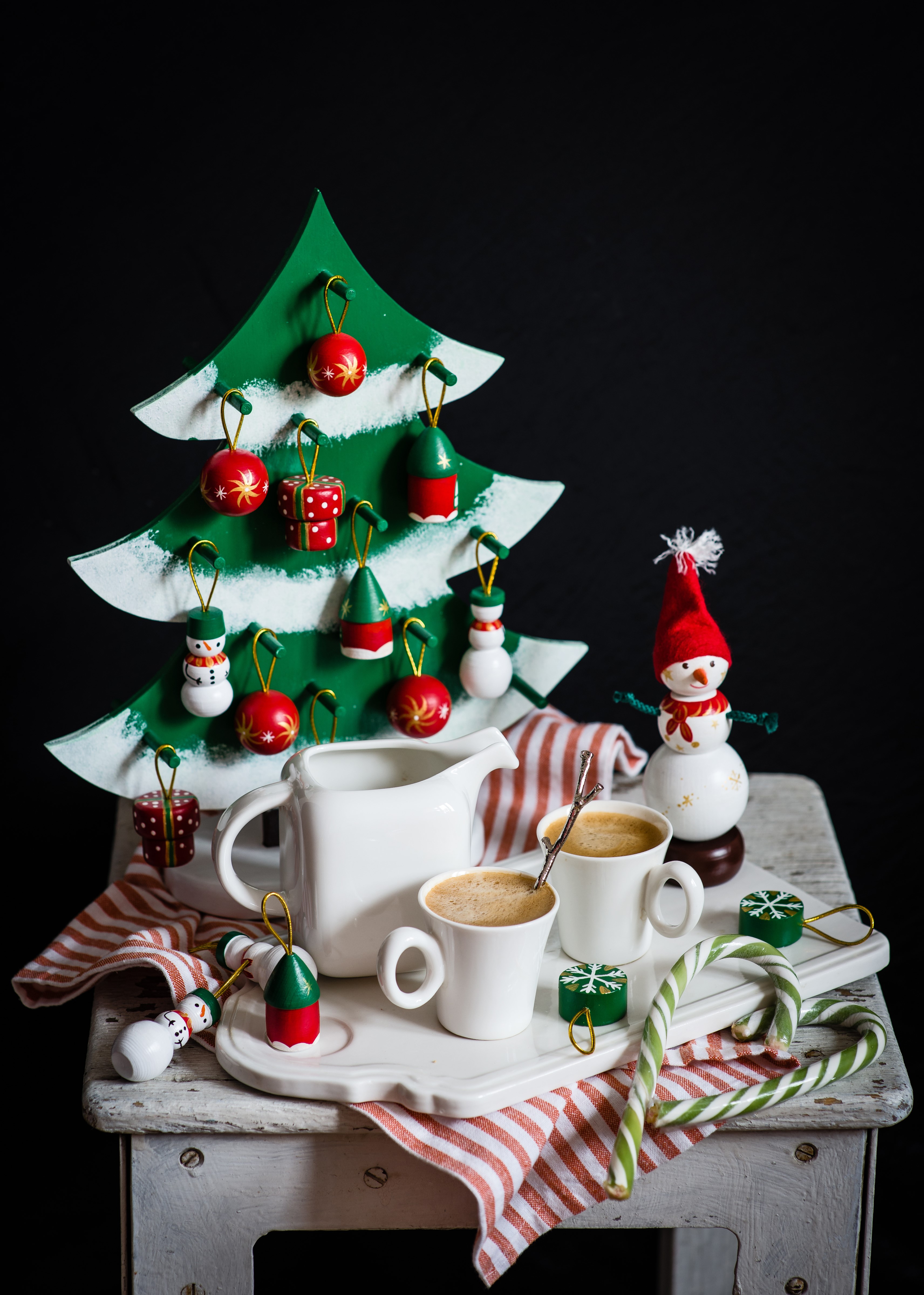 Christmas still-life with coffee and tree ornaments HD Phone Wallpaper