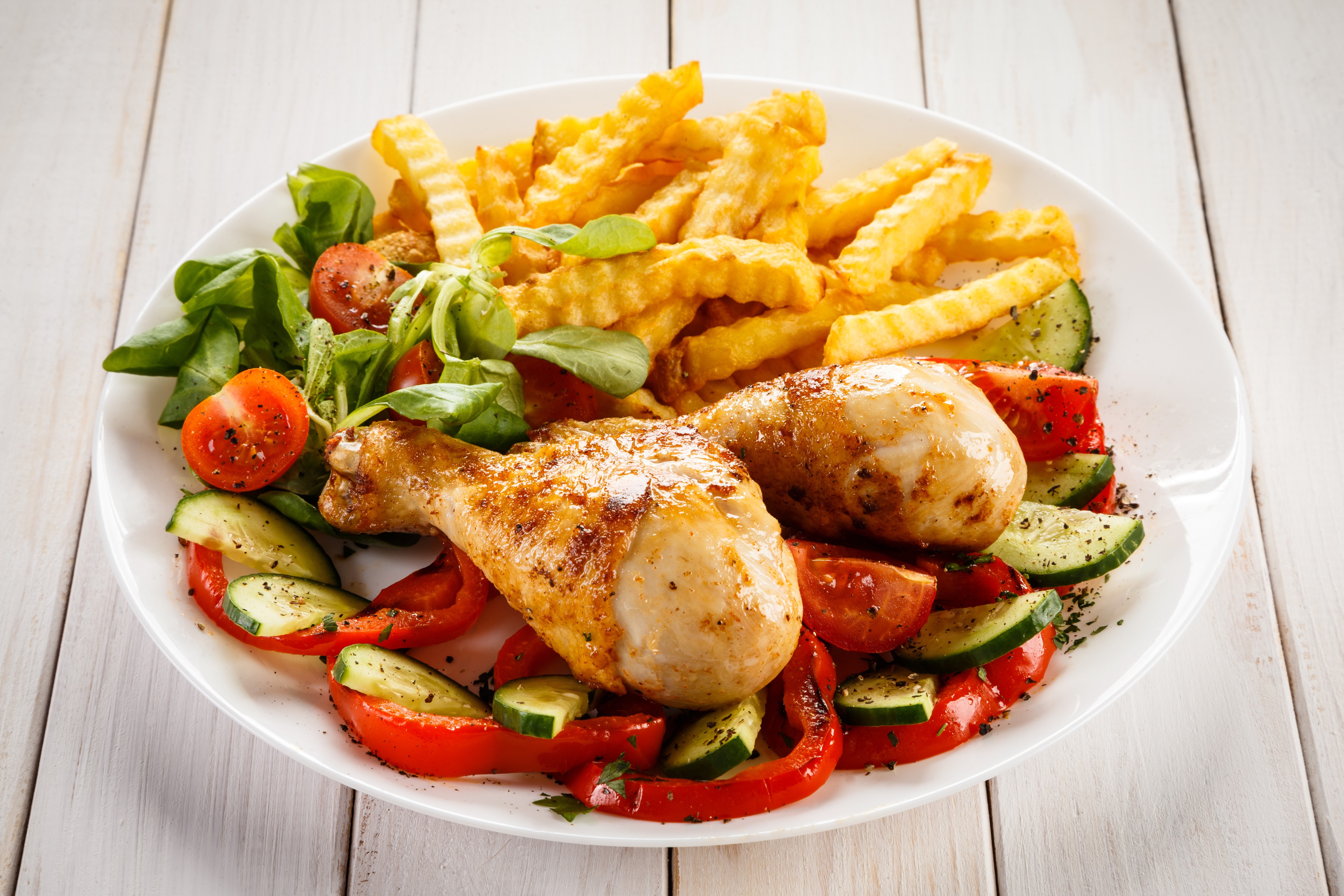Roast Chicken with French Fries and Salad HD Wallpaper