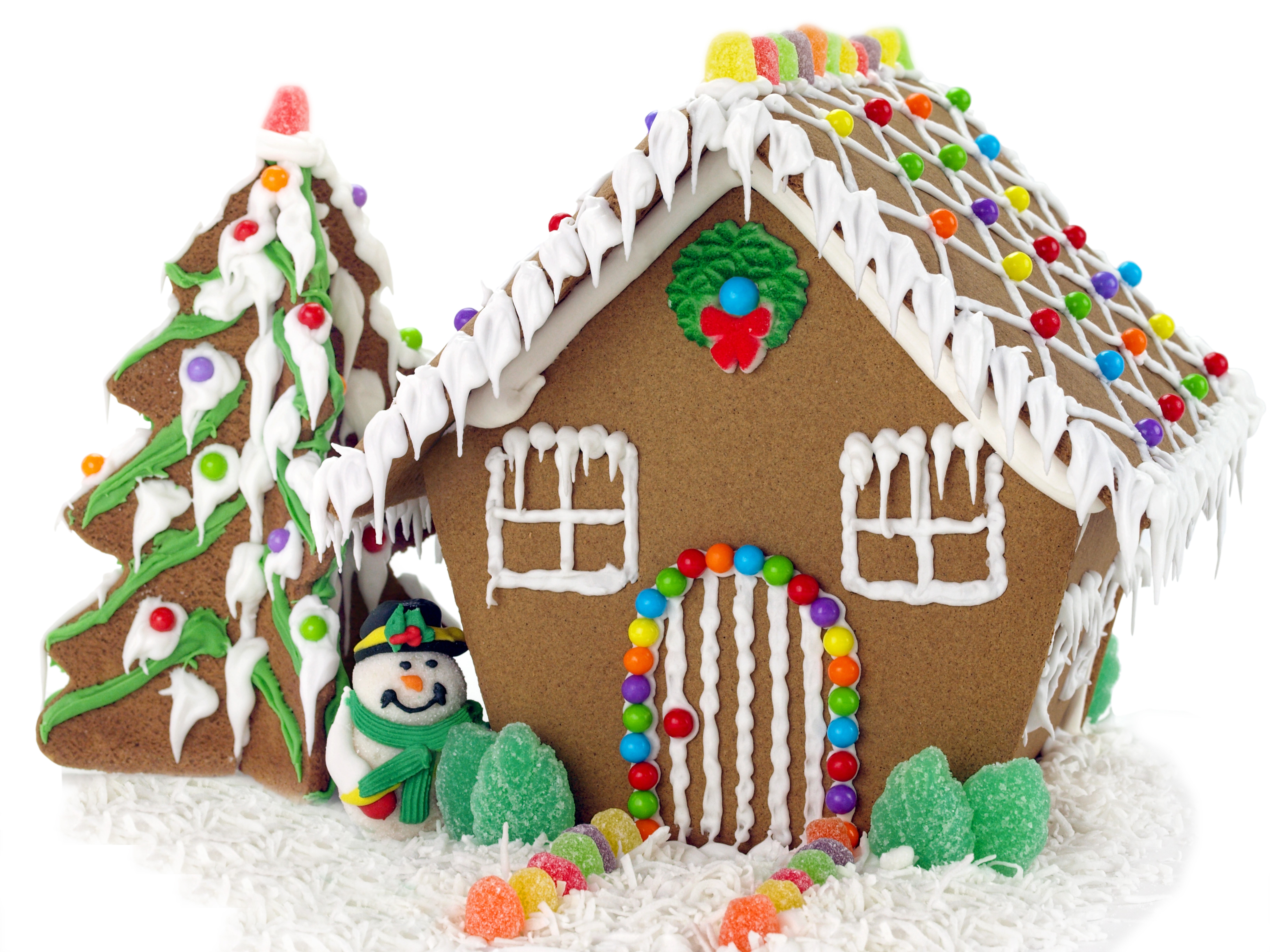 Gingerbread house and tree with snowman HD Wallpaper