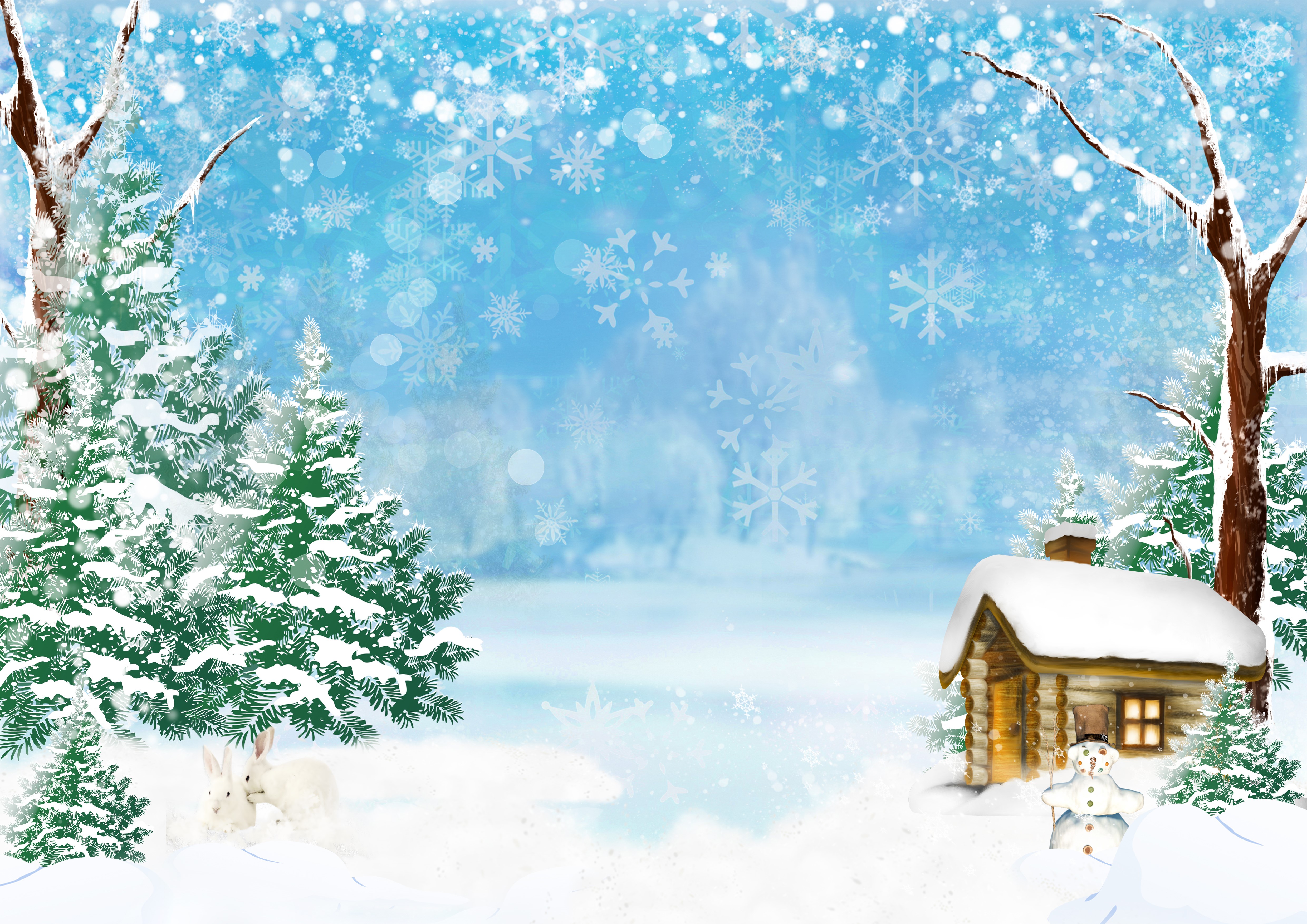 4K Winter Snowy Cabin with Snowmen and Trees HD Wallpaper