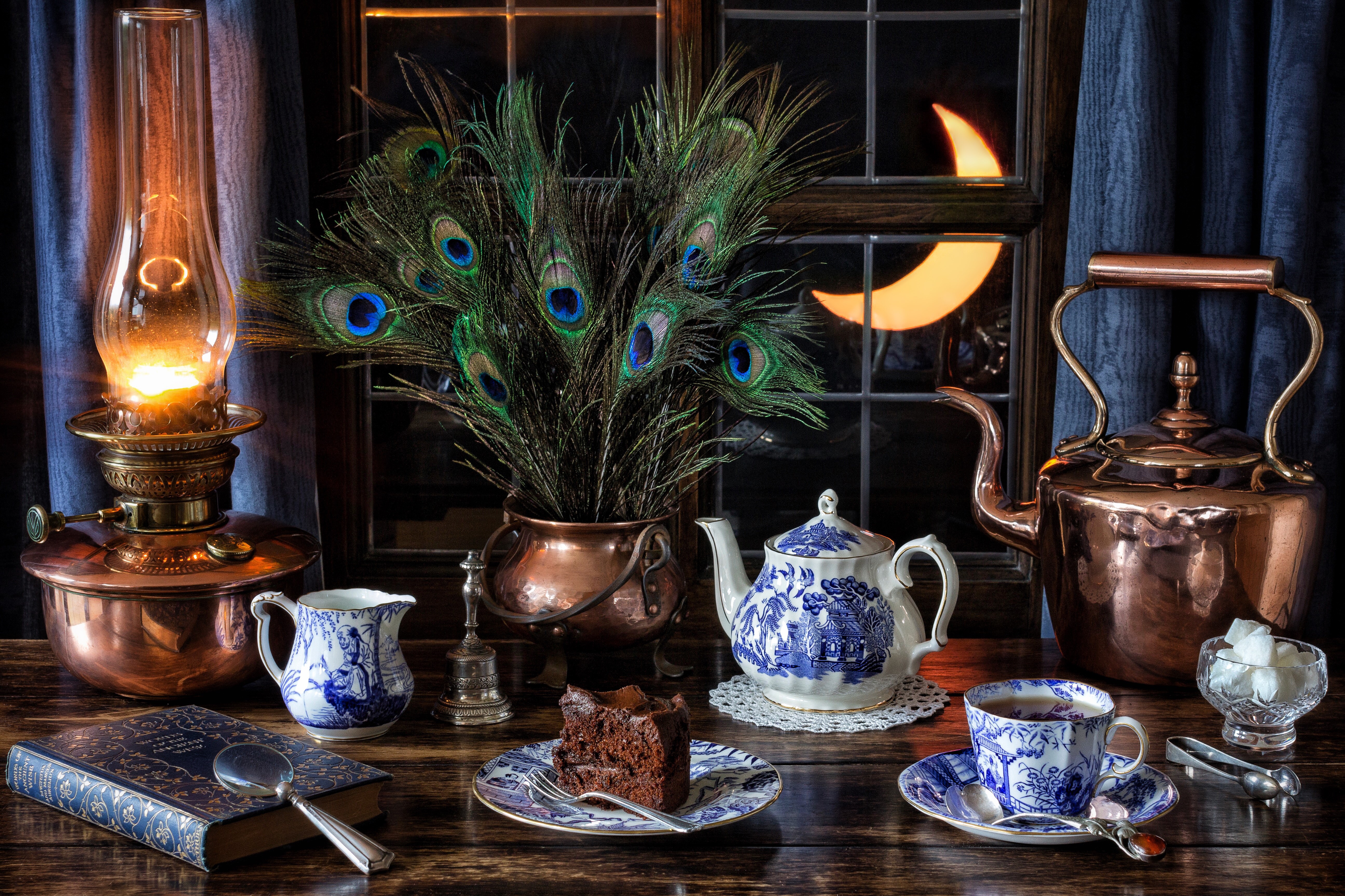 Still-life with kettle, cake, and kerosene lamp HD Wallpaper