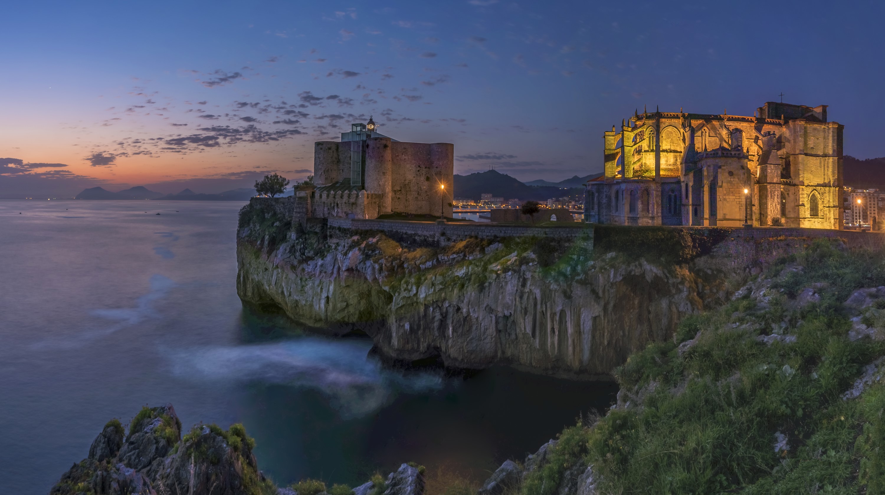 Castro Urdiales Castle and Church on a Cliff at Dusk HD Wallpaper