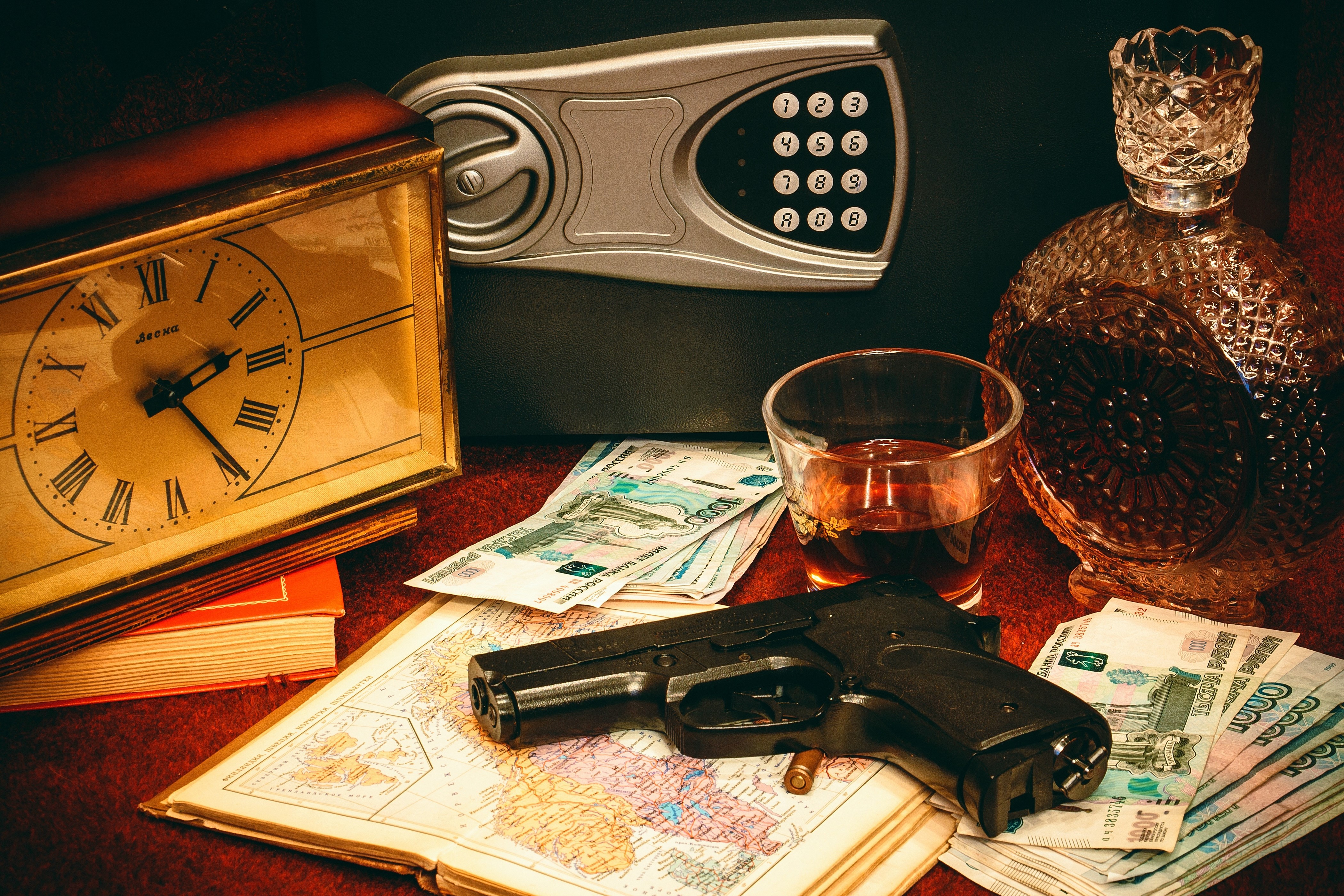Still life with clock, pistol, money, and whiskey HD Wallpaper
