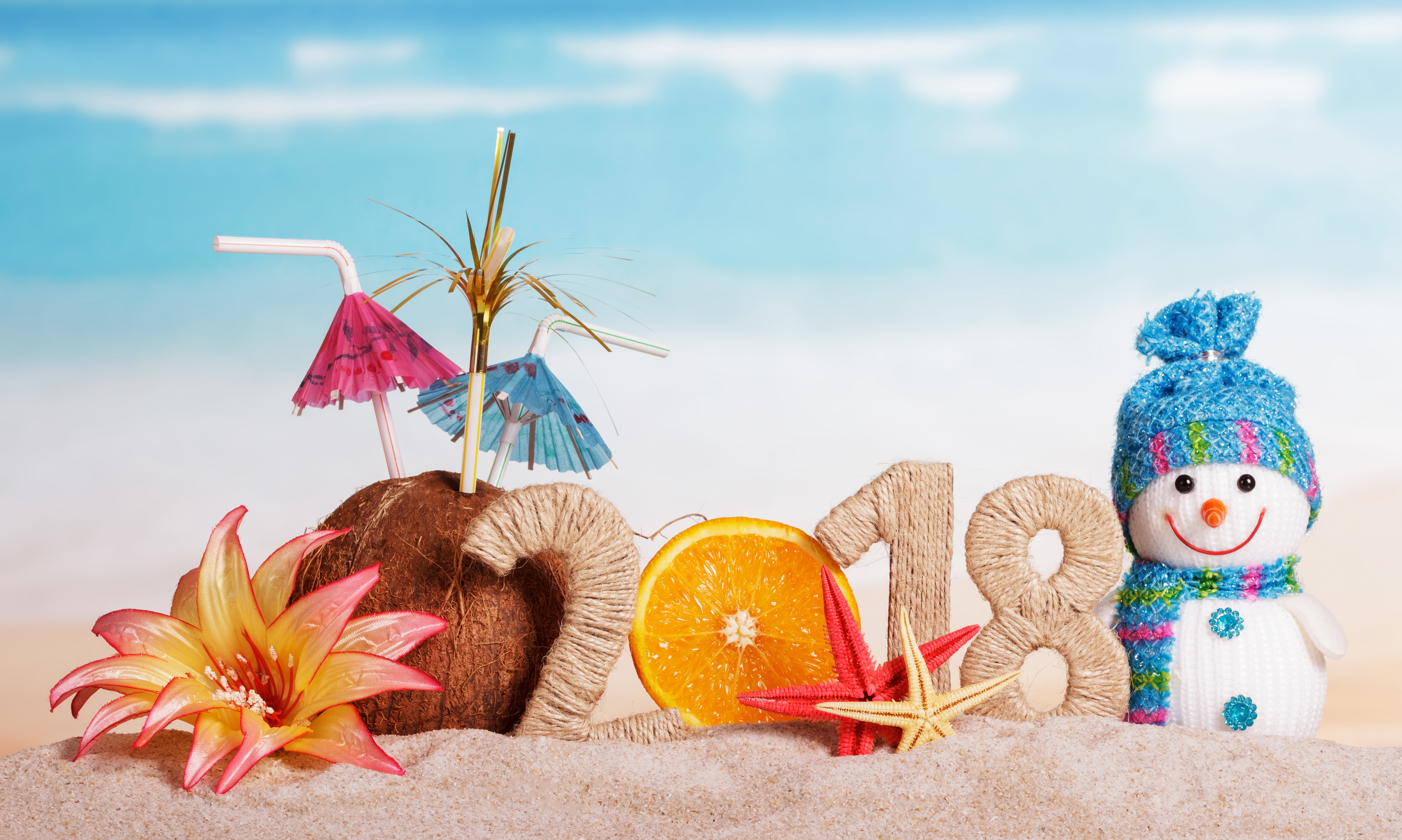 2018 New Year beach celebration with snowman and coconut cocktail HD Wallpaper