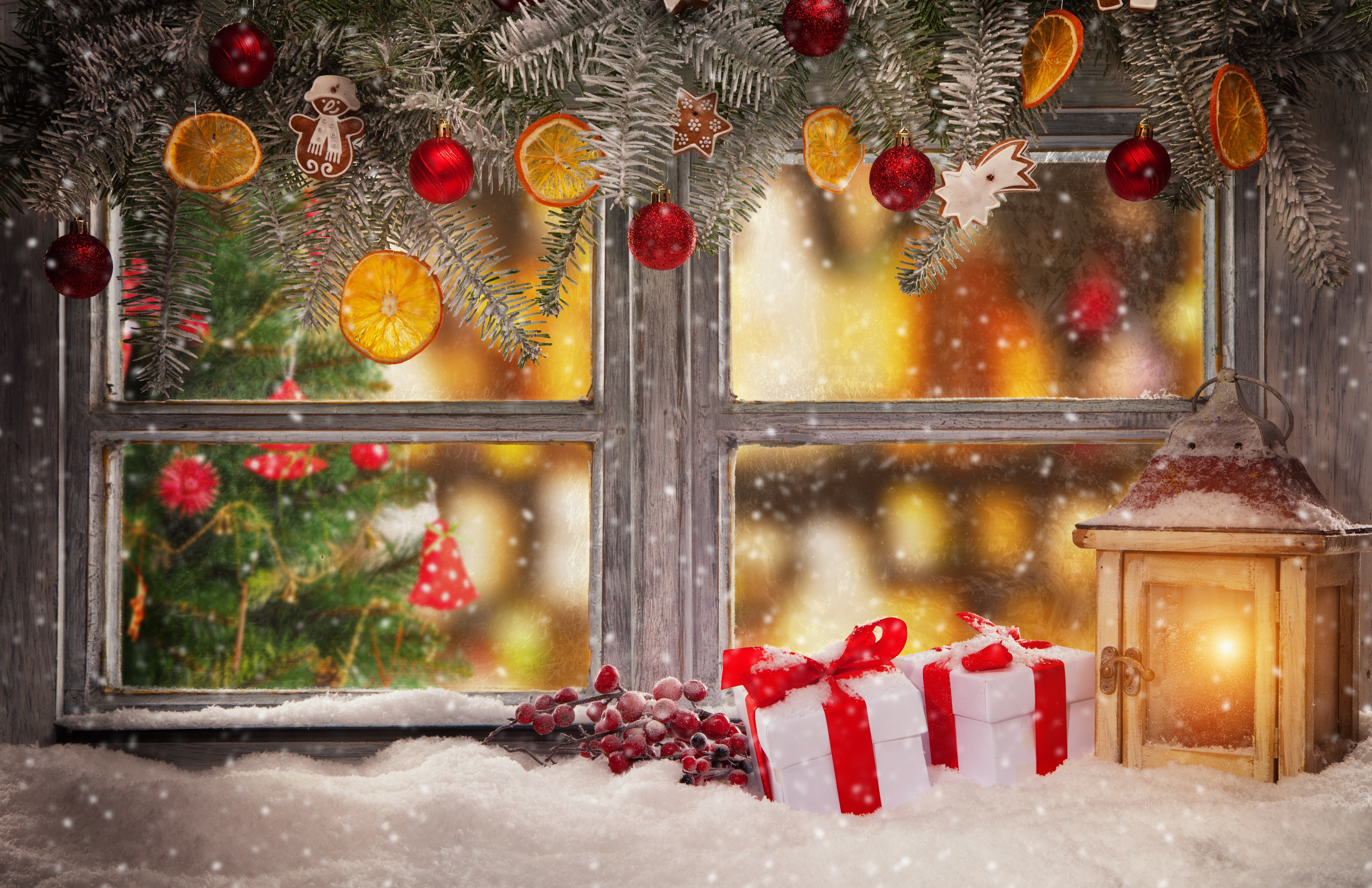 Christmas window with gifts and lantern HD Wallpaper