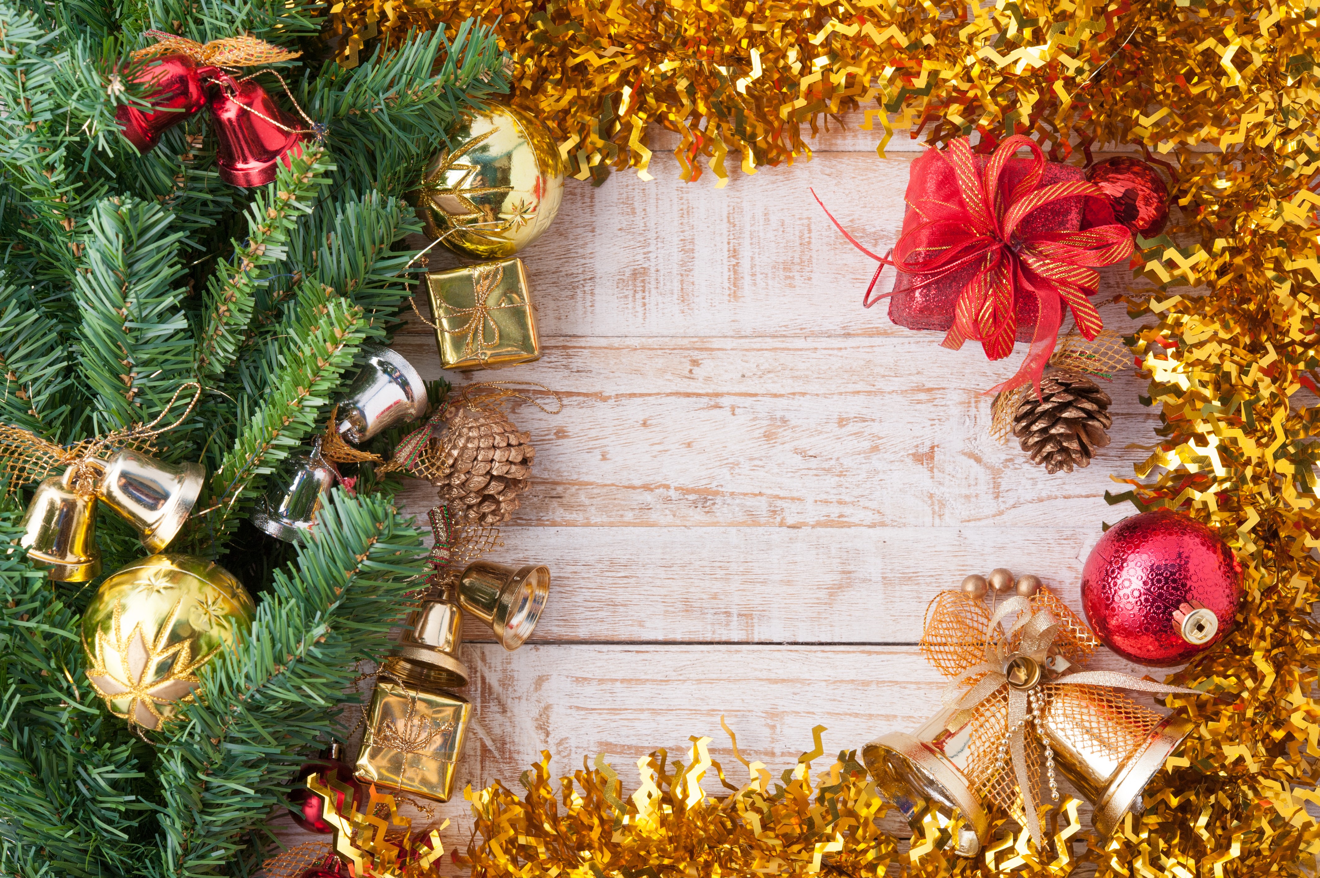 Christmas Decorations on Wood Planks HD Wallpaper