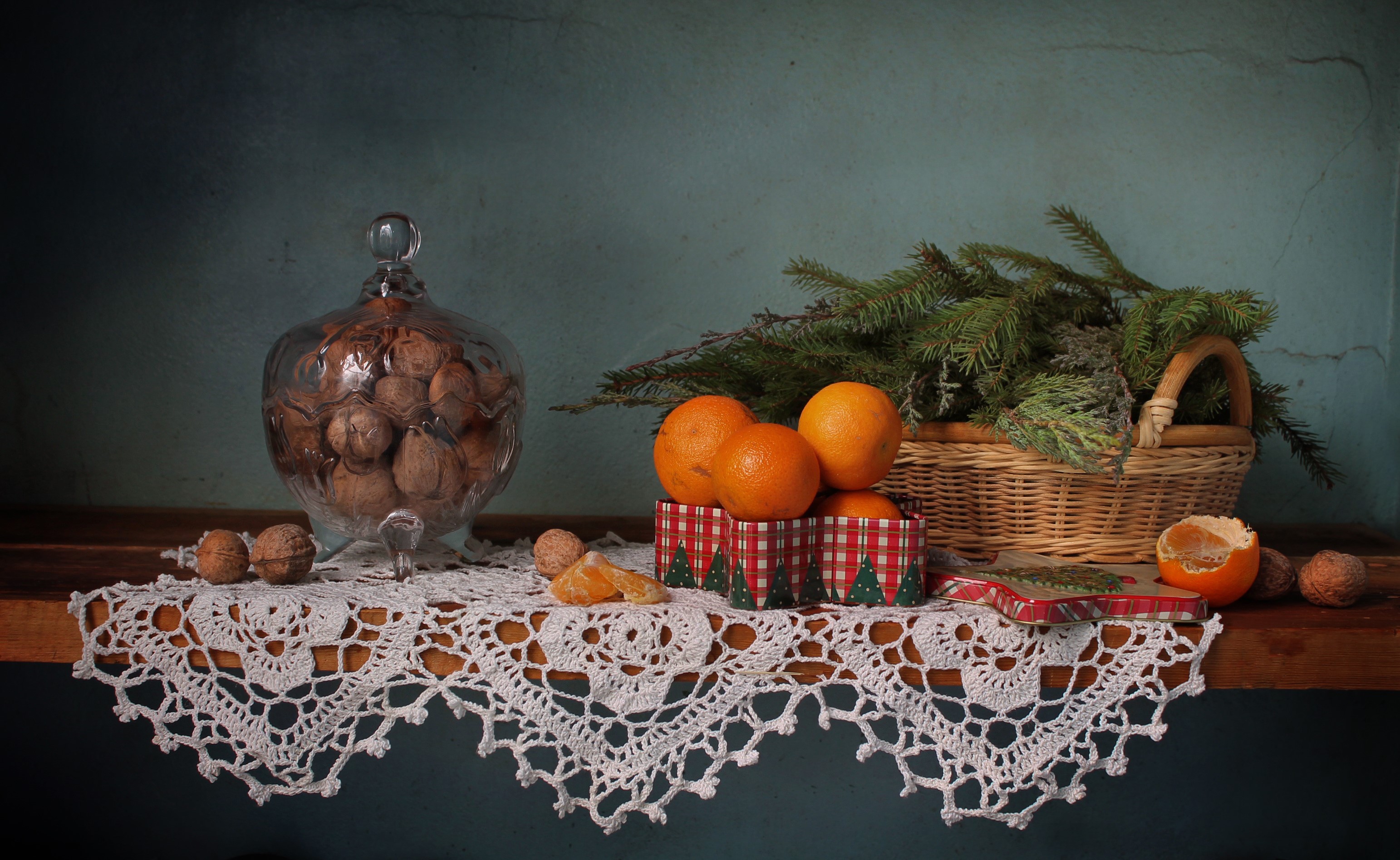 Christmas still-life with nuts, mandarins, and fir branches HD Wallpaper