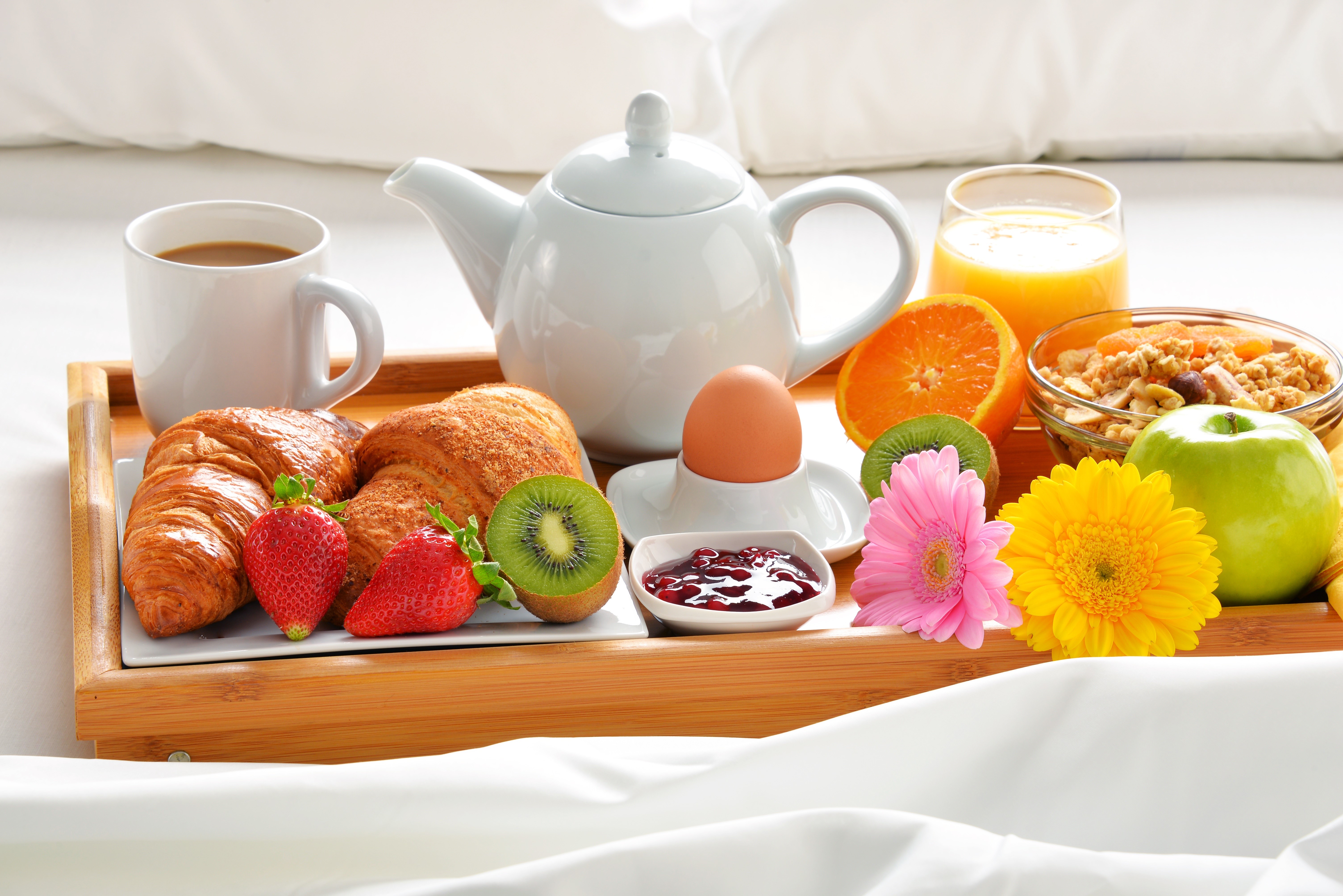 Breakfast tray with coffee, croissants, fruit, and egg HD Wallpaper