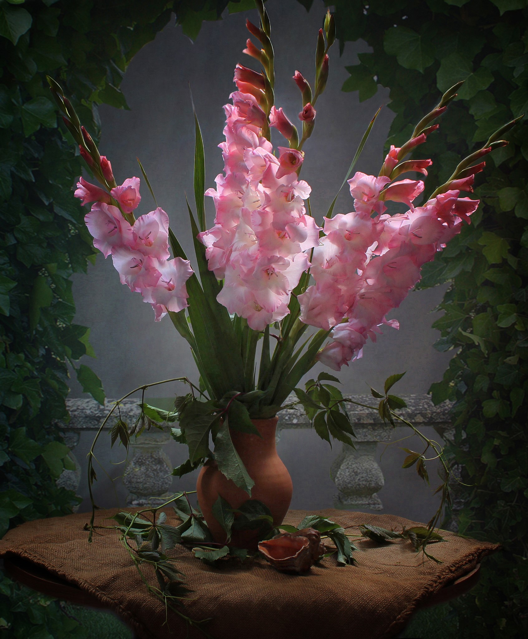 Pink Gladioluses in a Clay Vase HD Phone Wallpaper