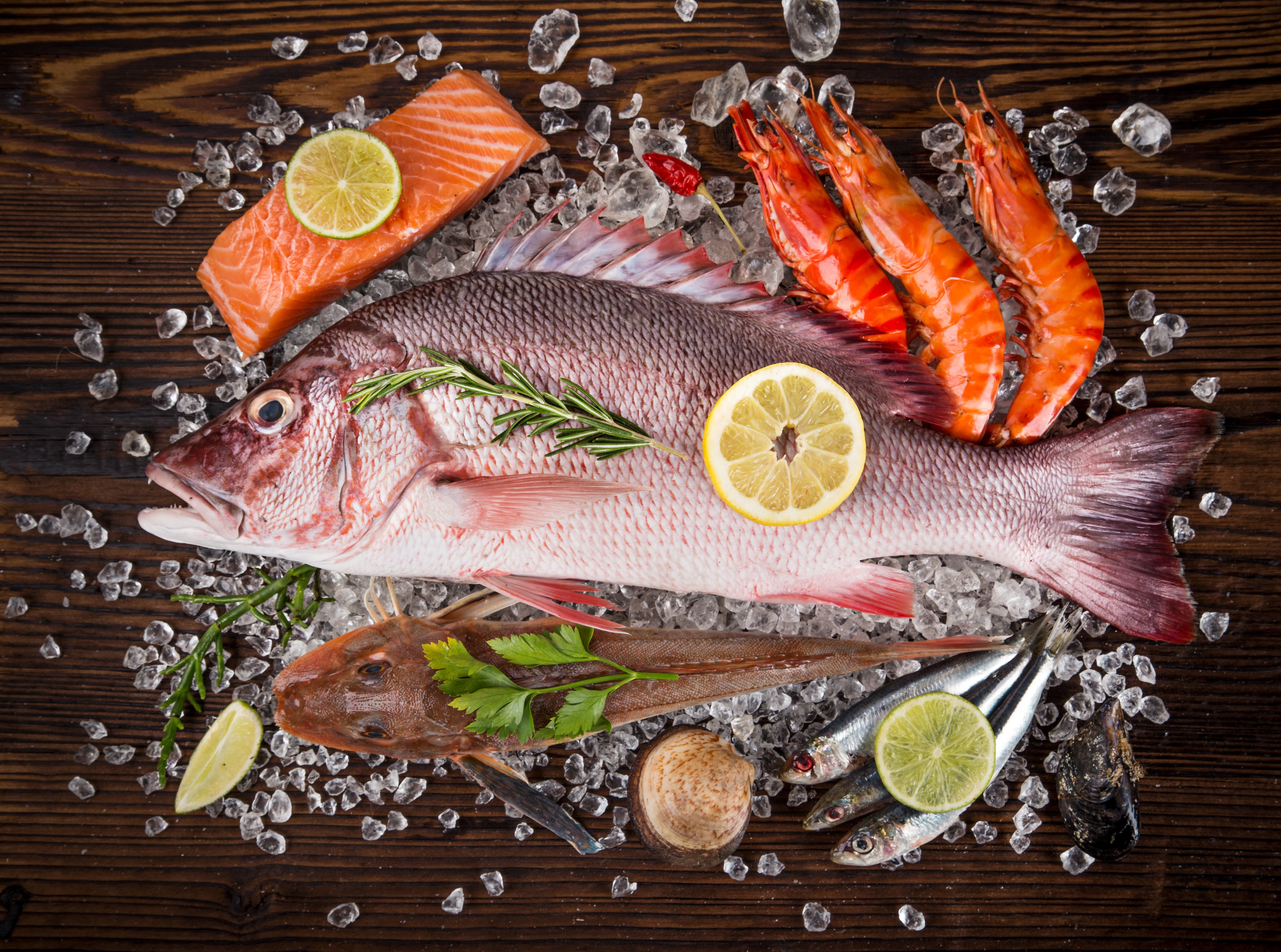 4K Seafood Platter with Fish, Shrimp, and Salmon HD Wallpaper
