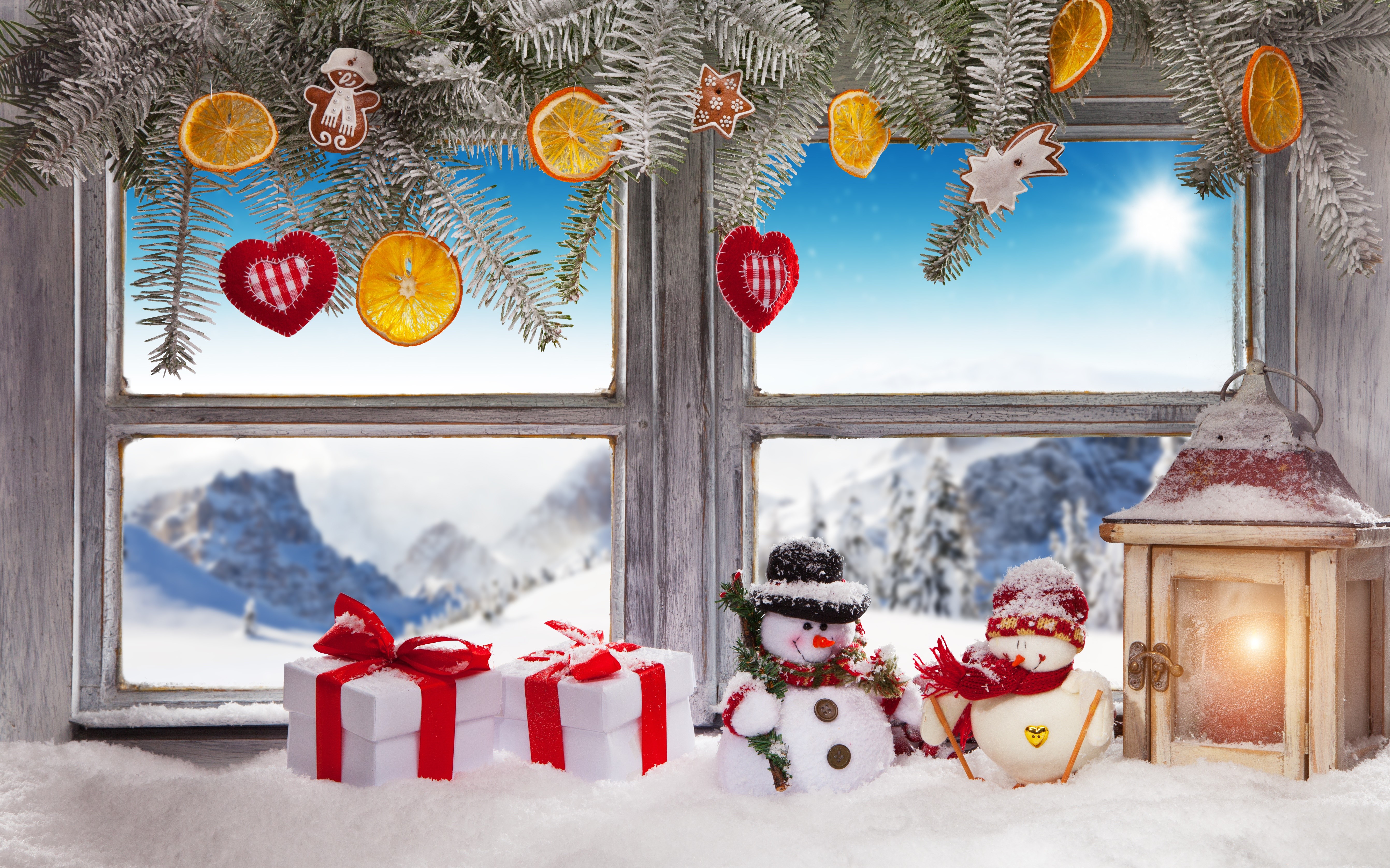 Christmas Window Scene with Snowmen and Gifts HD Wallpaper