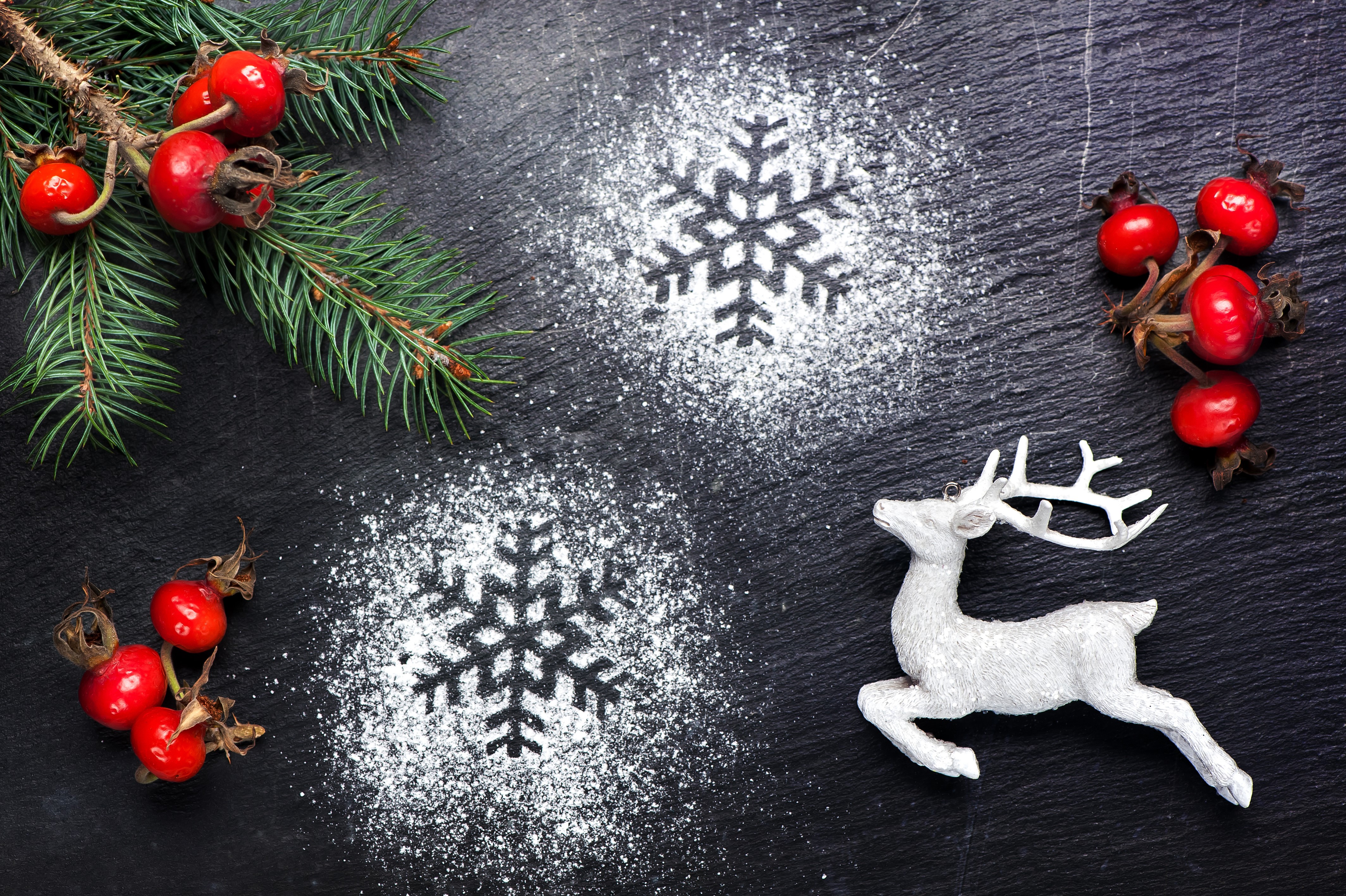 Christmas decoration with fir branches, berries, and deer HD Wallpaper