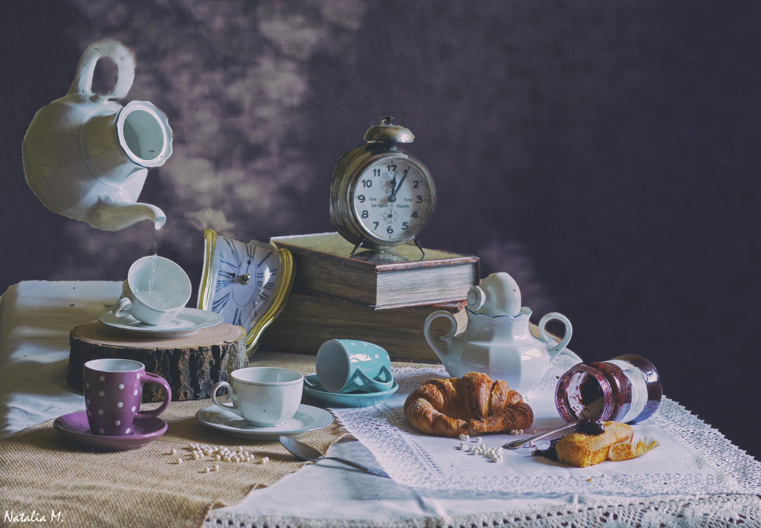 Surreal still life with melting clocks and tea set HD Wallpaper