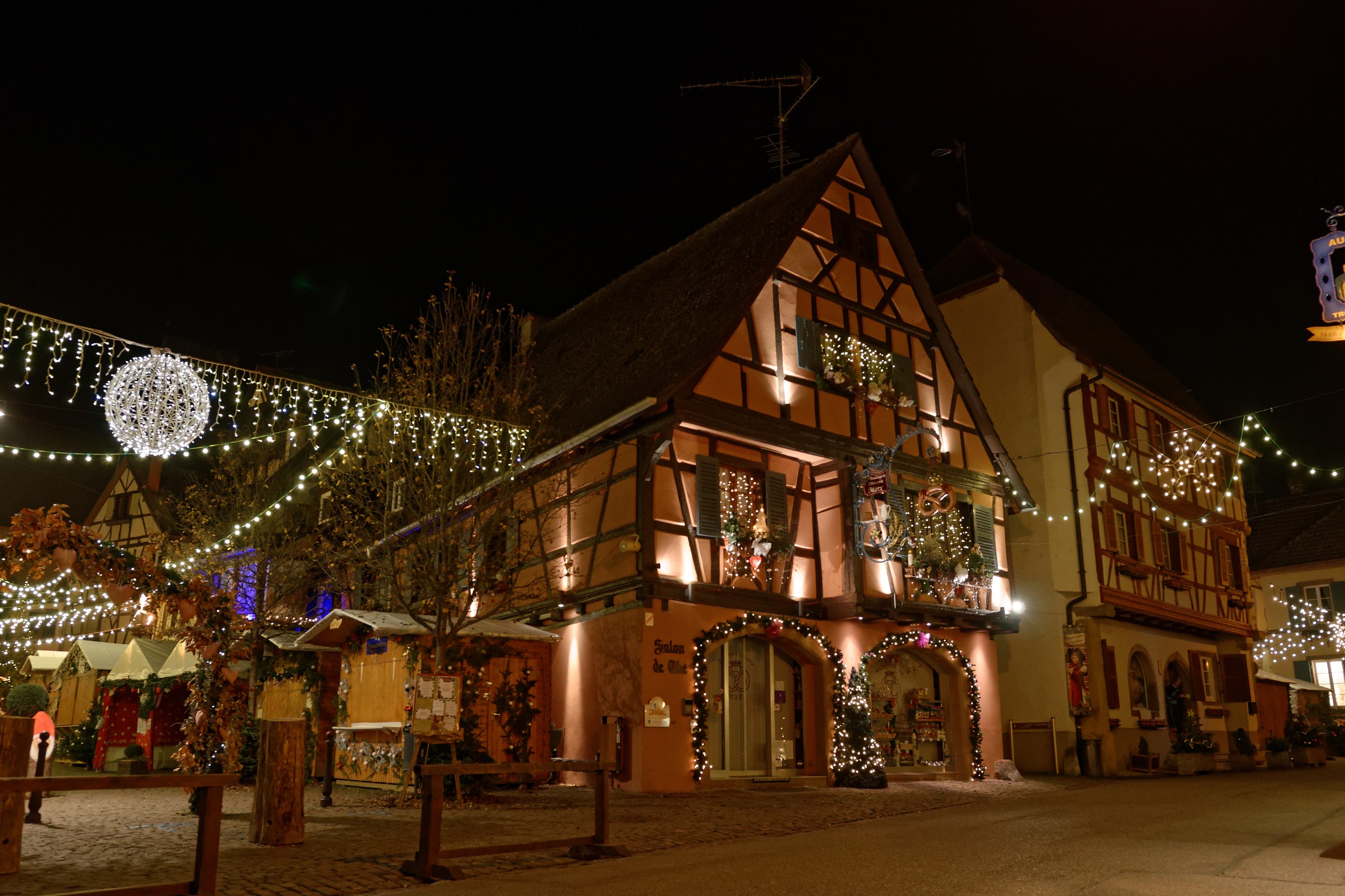 Eguisheim, France at night with Christmas lights HD Wallpaper