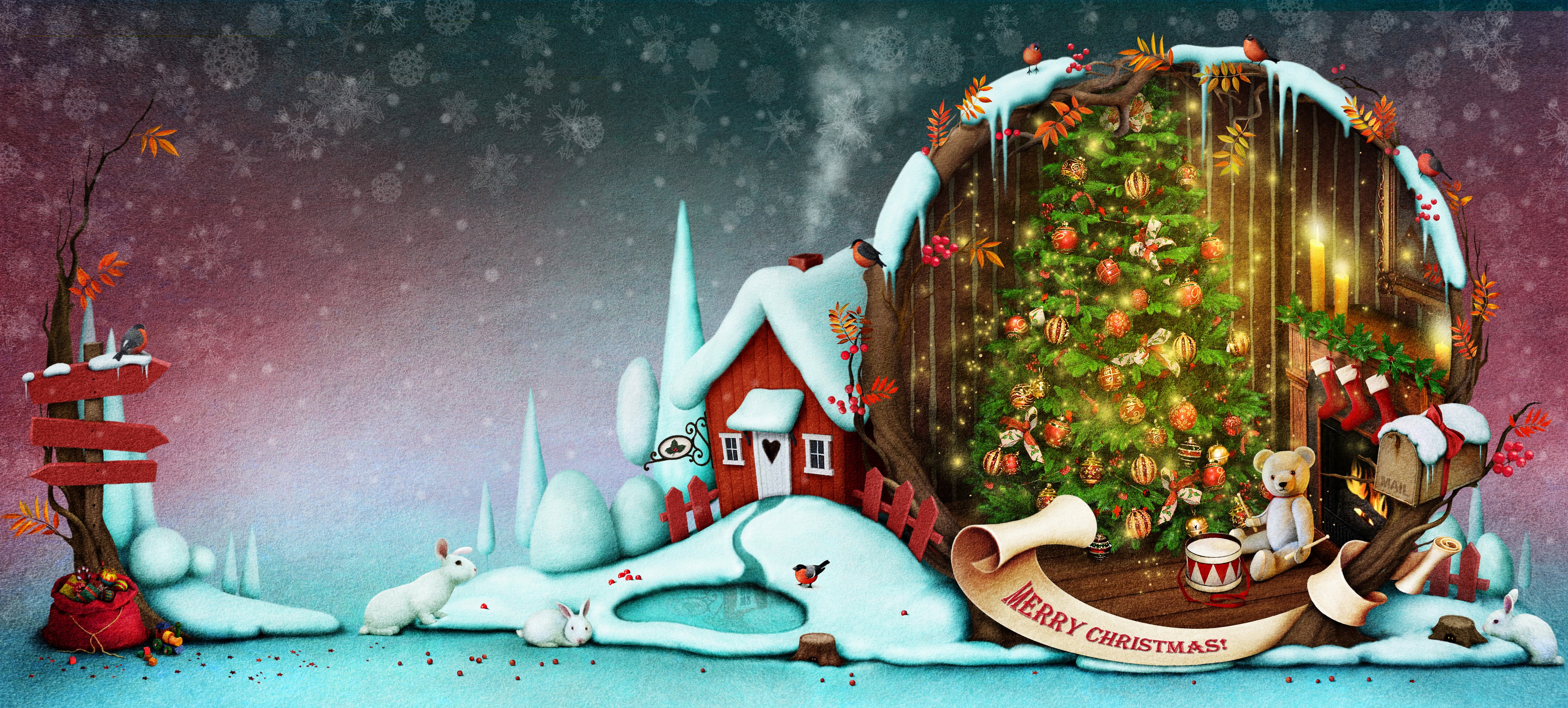 Christmas scene with decorated tree, house, and teddy bear HD Wallpaper
