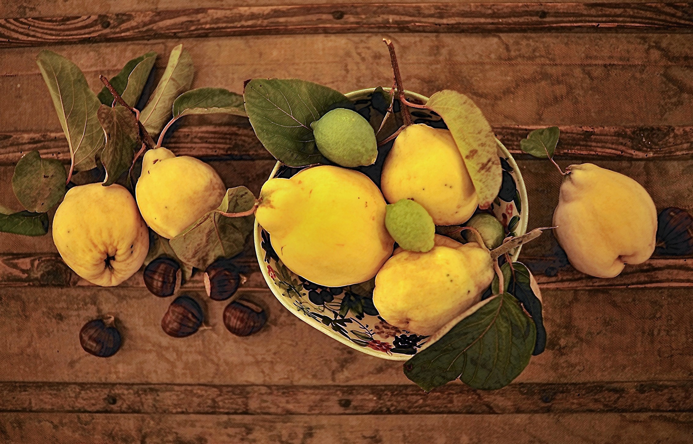 Quinces and Chestnuts on a Wooden Table HD Wallpaper