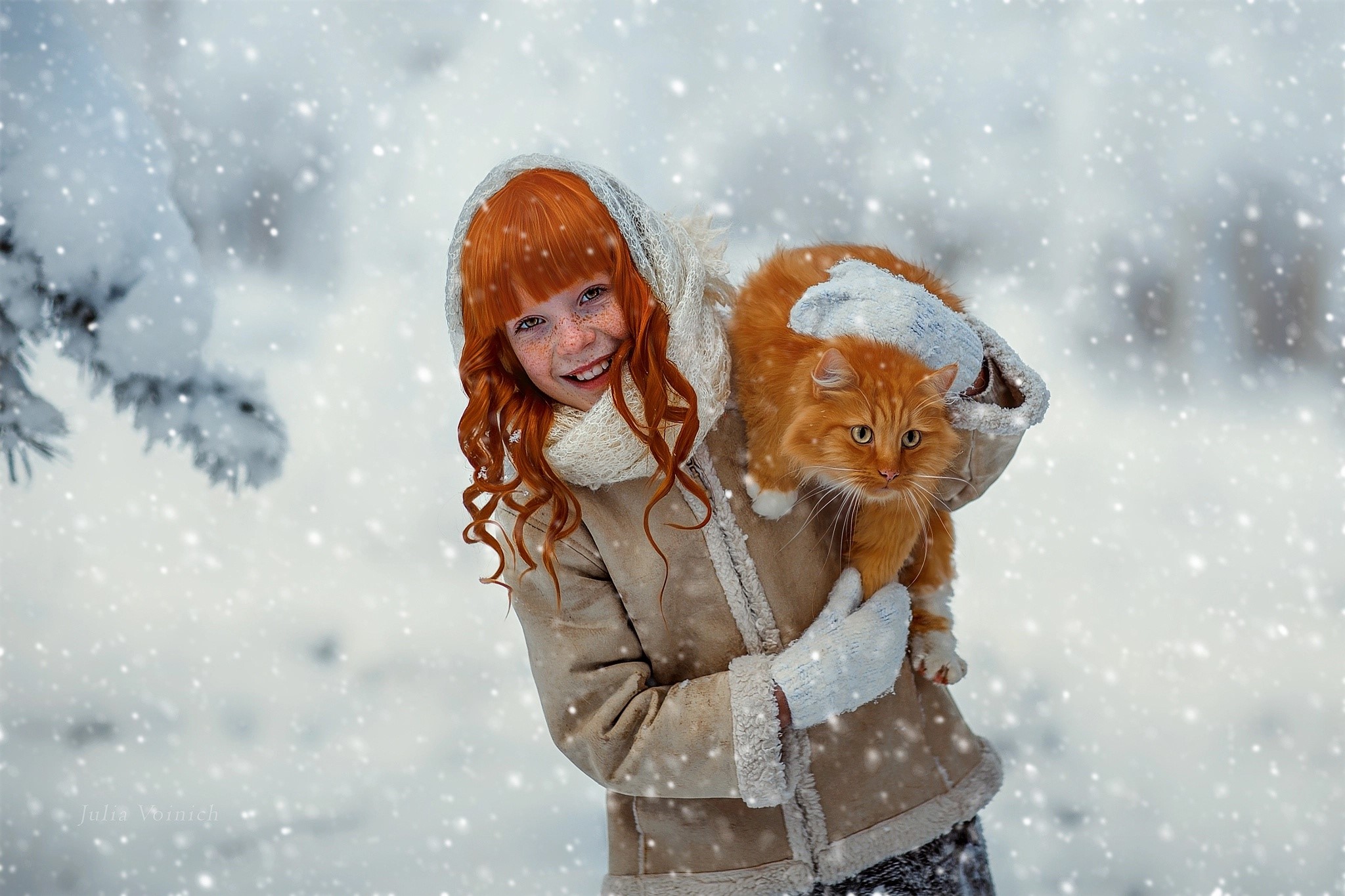 Girl with ginger cat in snow HD Wallpaper