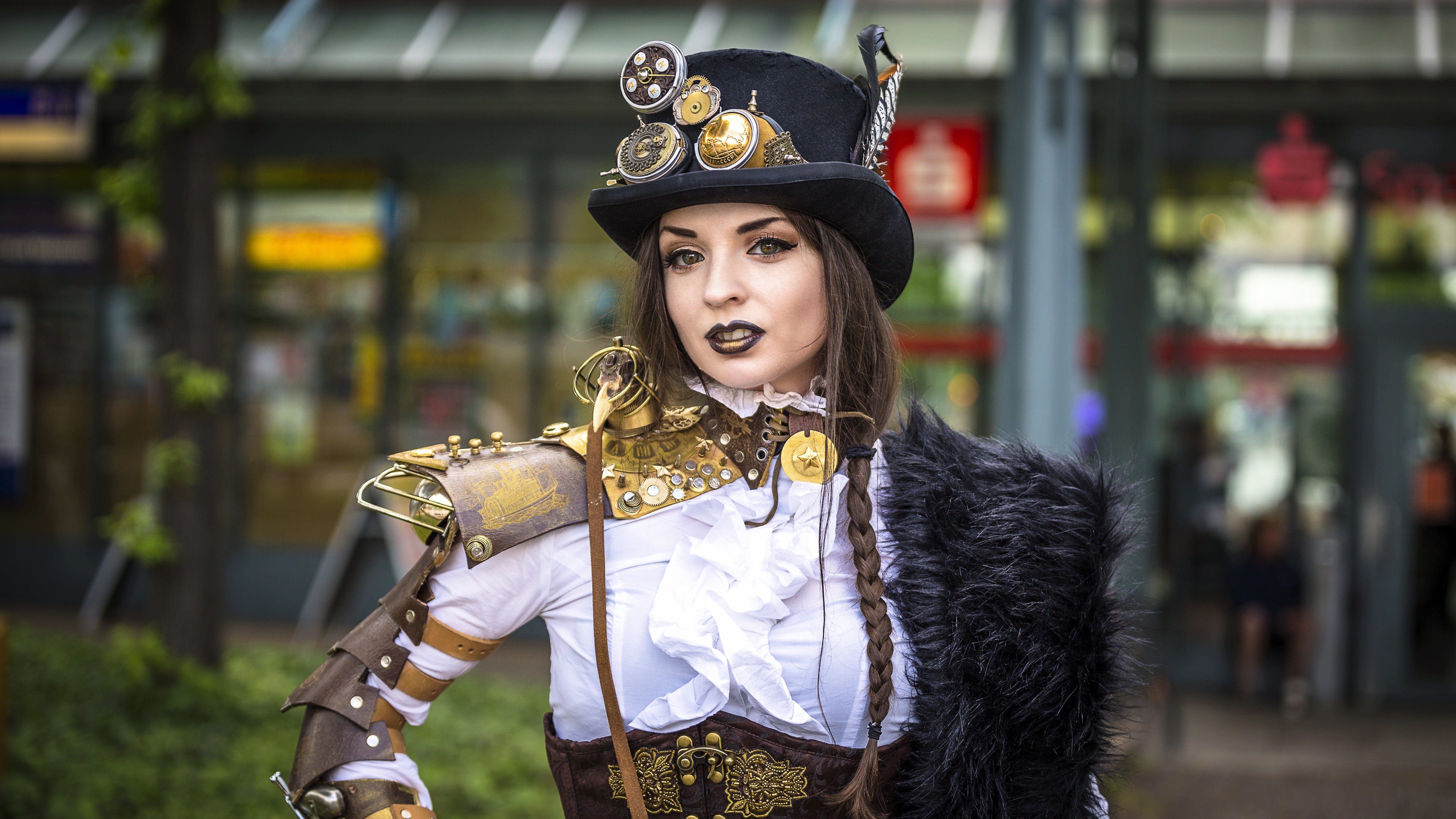 Steampunk woman in top hat and cosplay HD Wallpaper