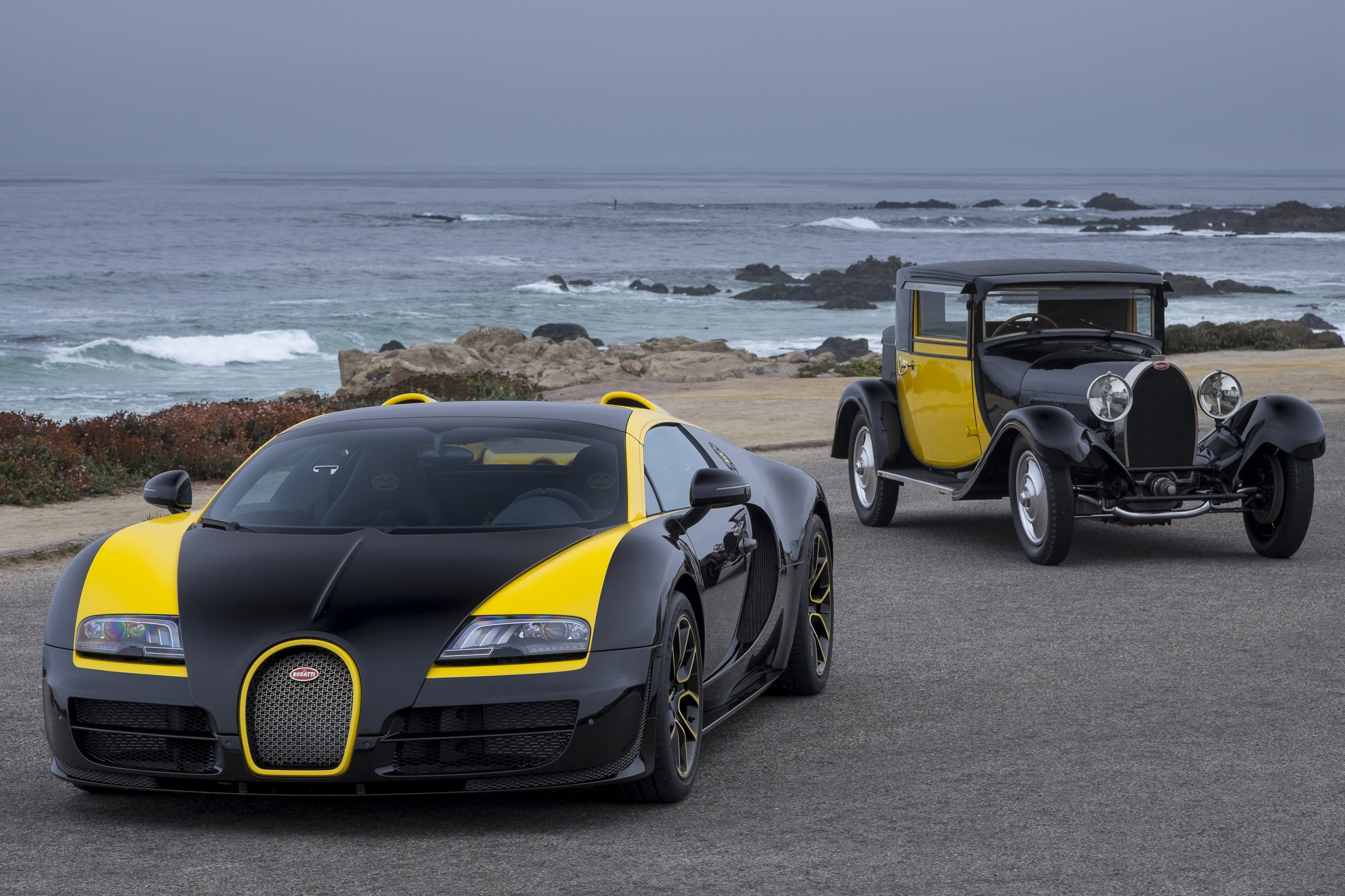 Bugatti Veyron and Vintage Bugatti by the Ocean HD Wallpaper