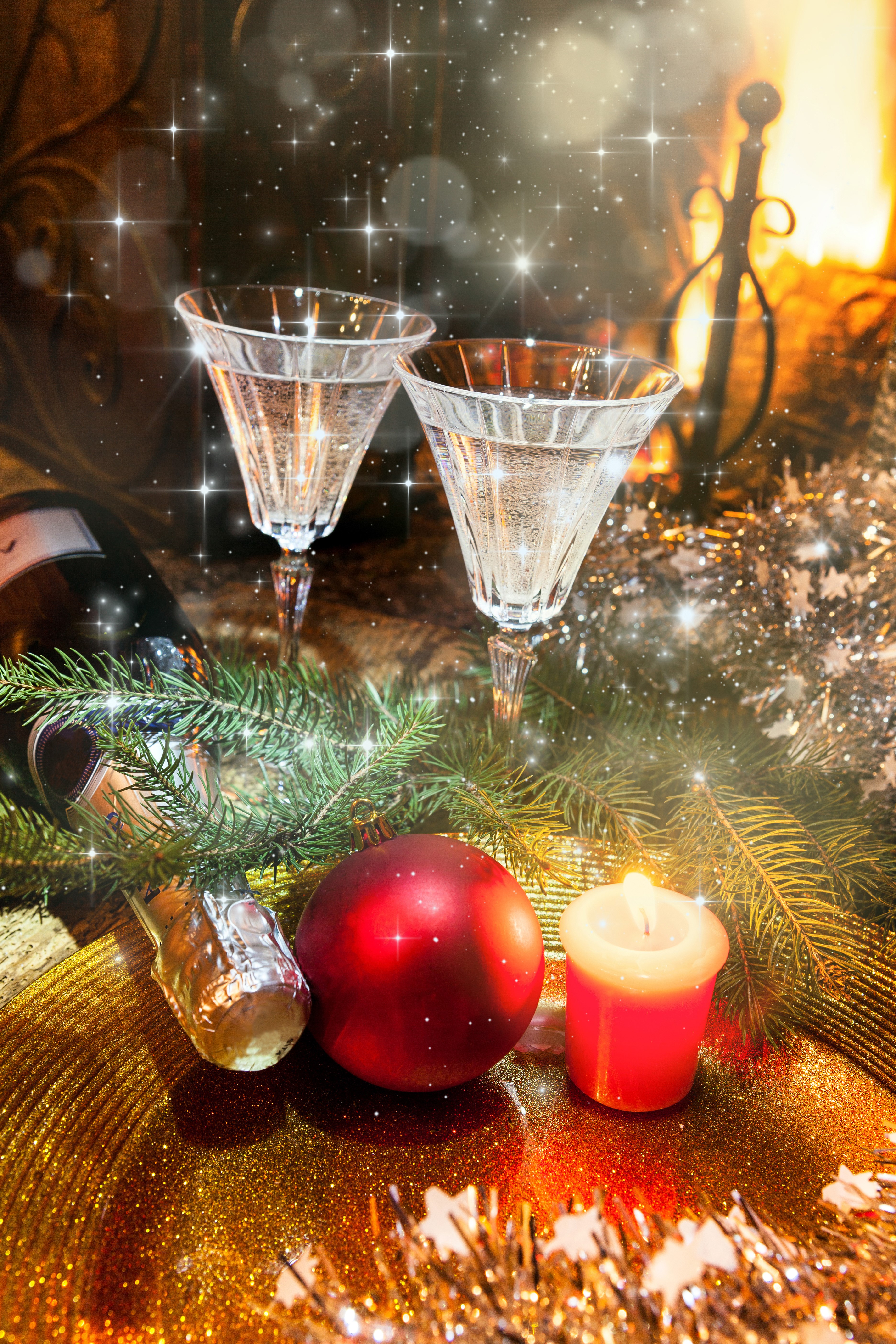 Christmas Celebration with Champagne and Candles HD Phone Wallpaper