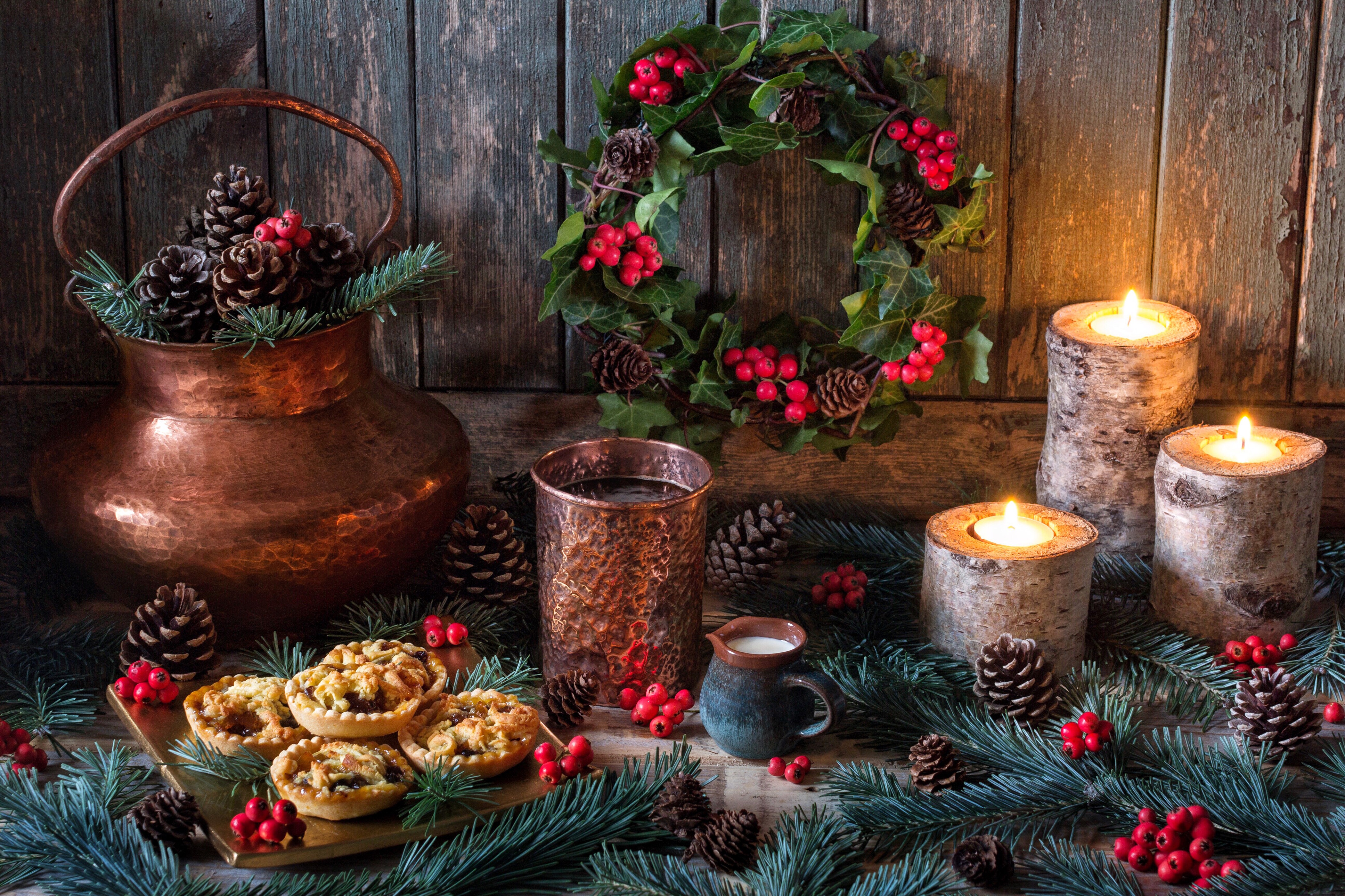 Christmas still-life with mince pies and candles HD Wallpaper