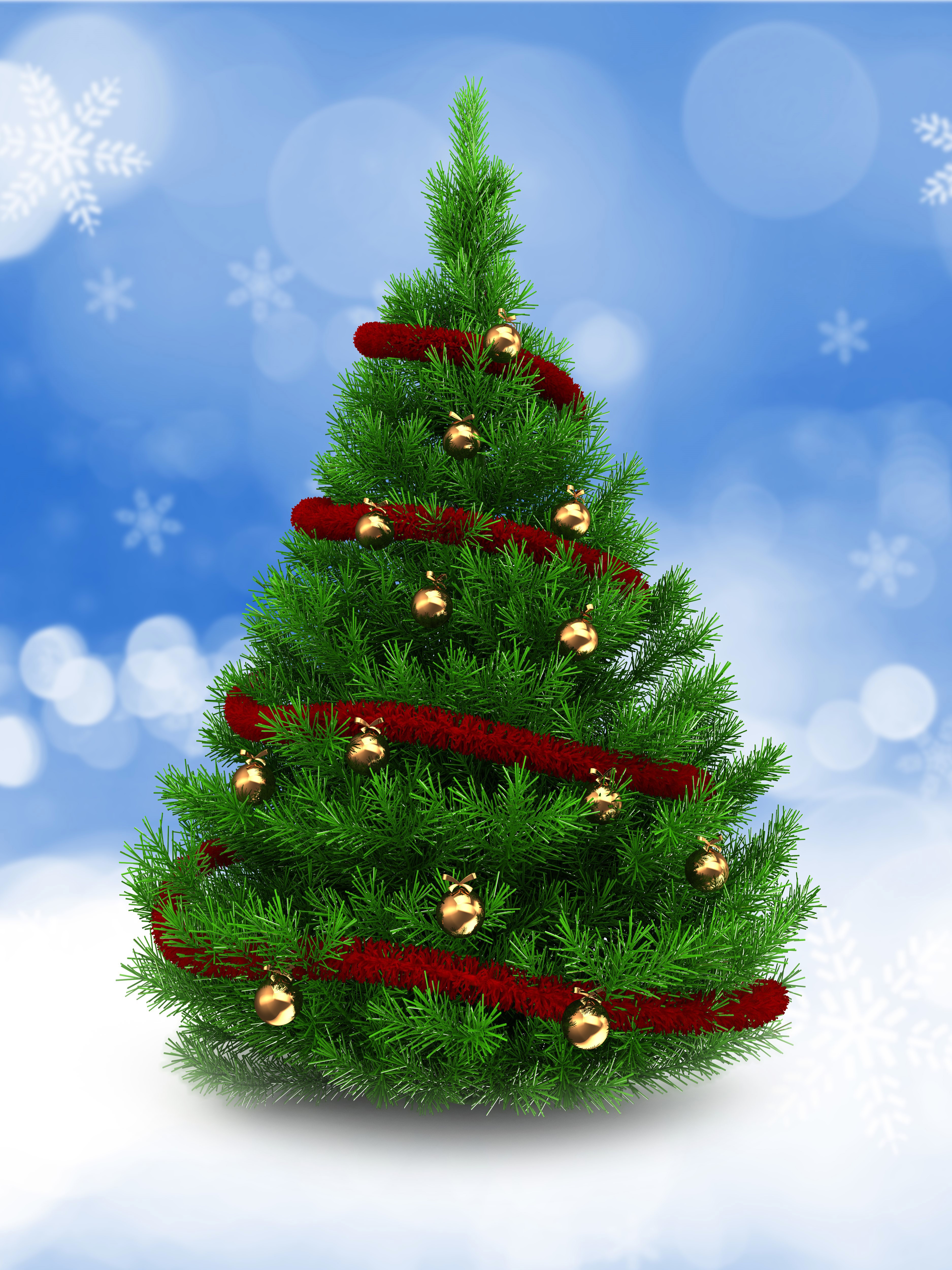 Christmas tree with red garland and gold balls HD Phone Wallpaper