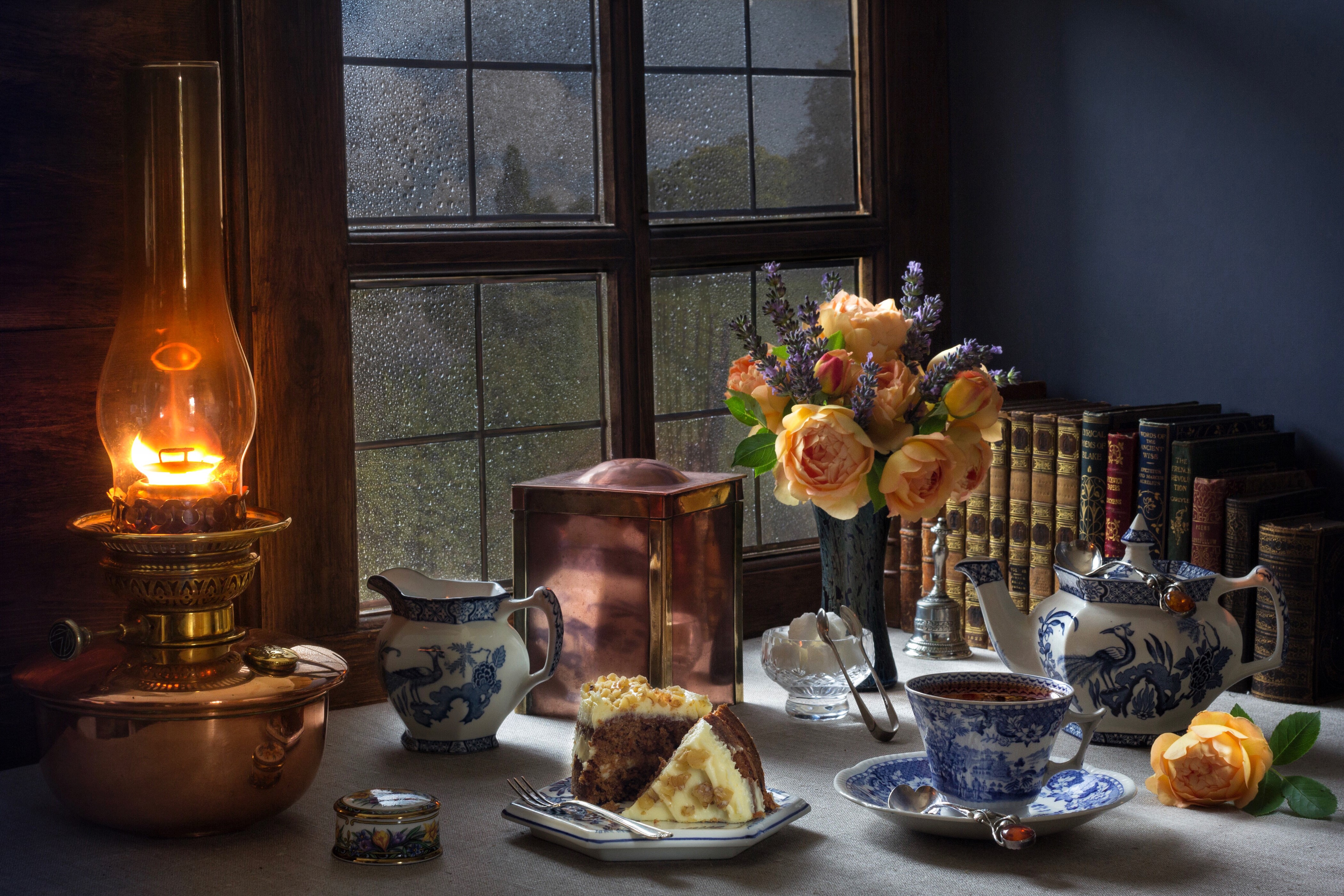 Still-life with Kerosene lamp, cakes, and roses HD Wallpaper