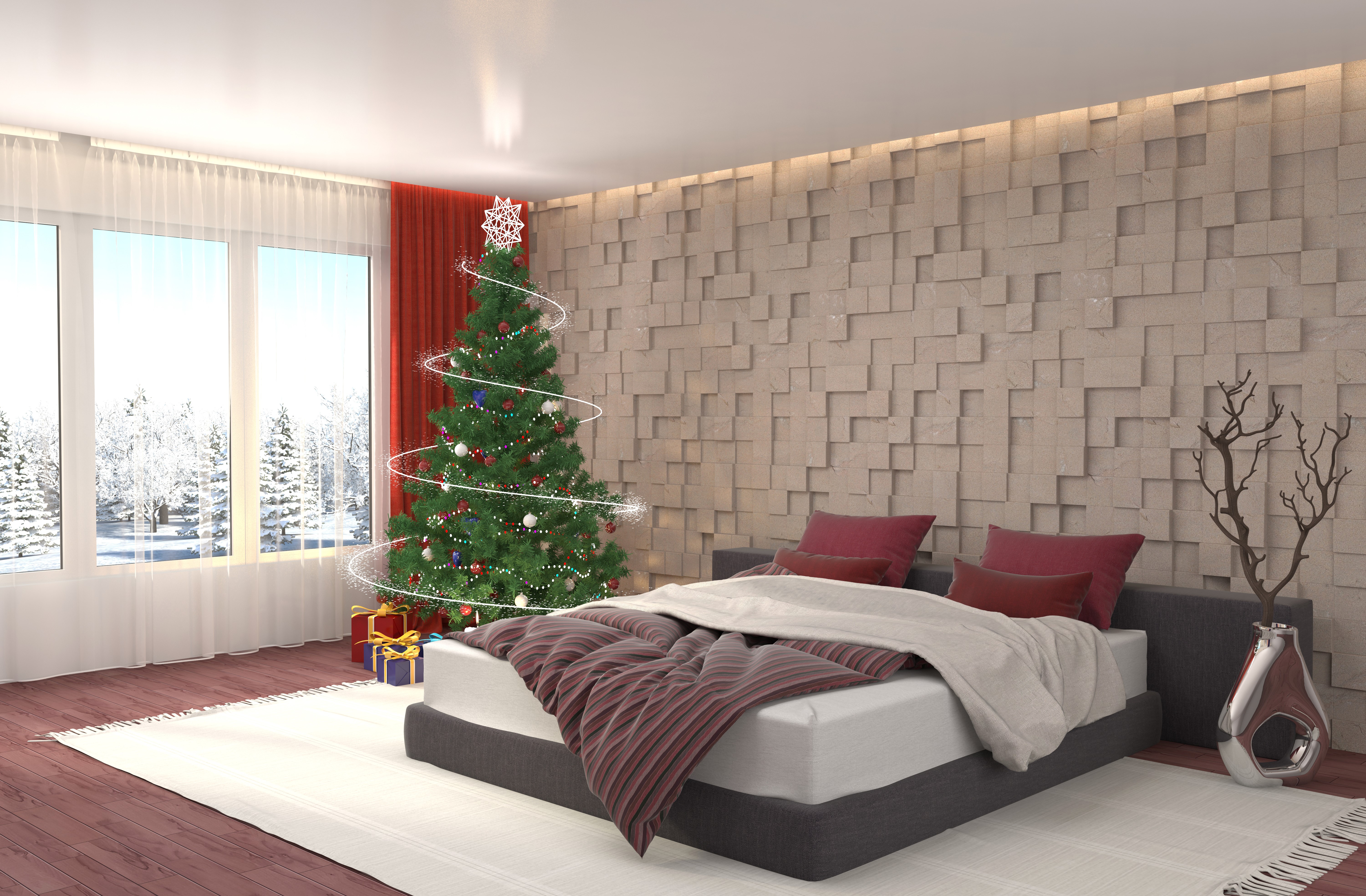 Bedroom with Christmas Tree and Gifts HD Wallpaper