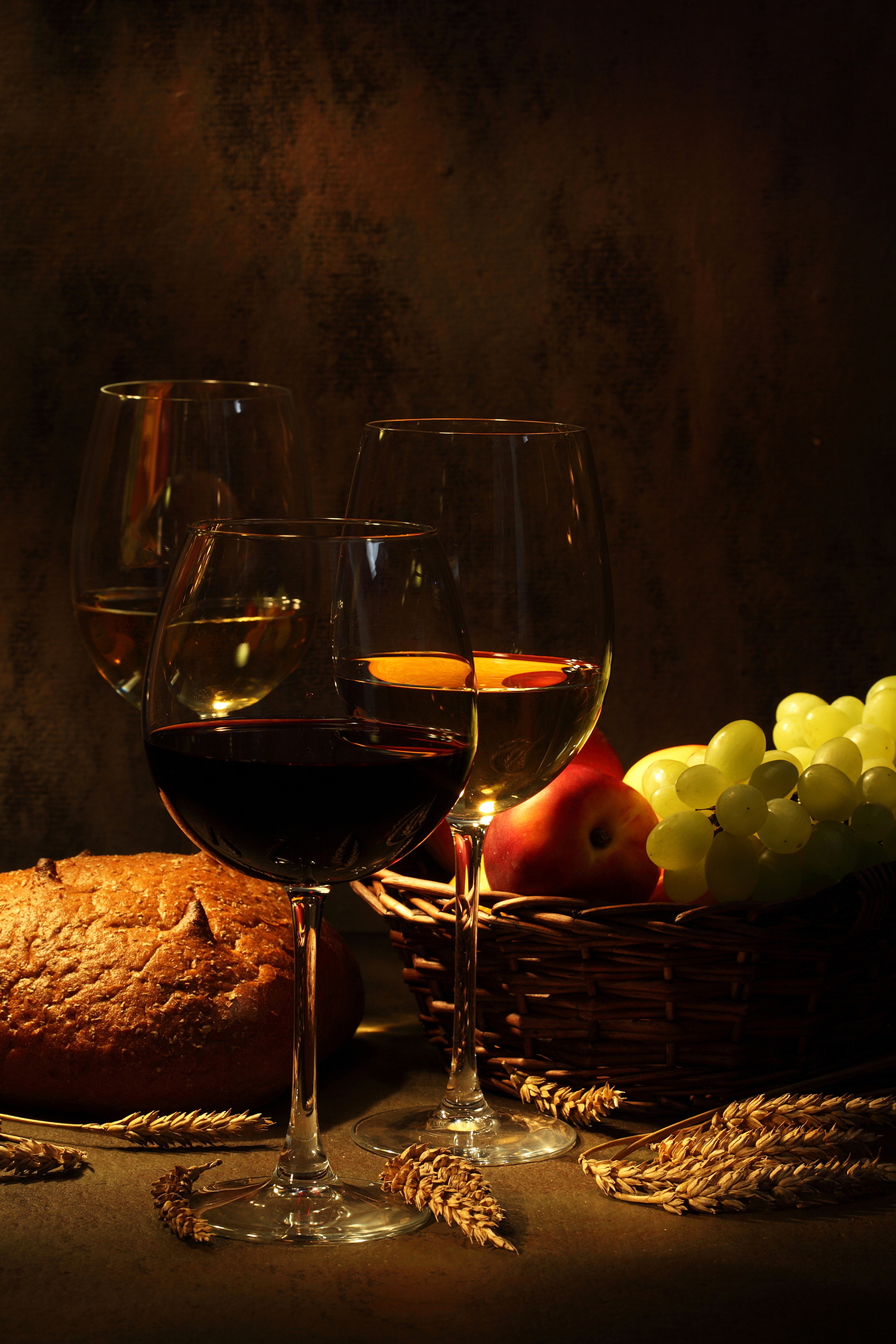 Three glasses of wine with bread, fruit, and wheat HD Phone Wallpaper