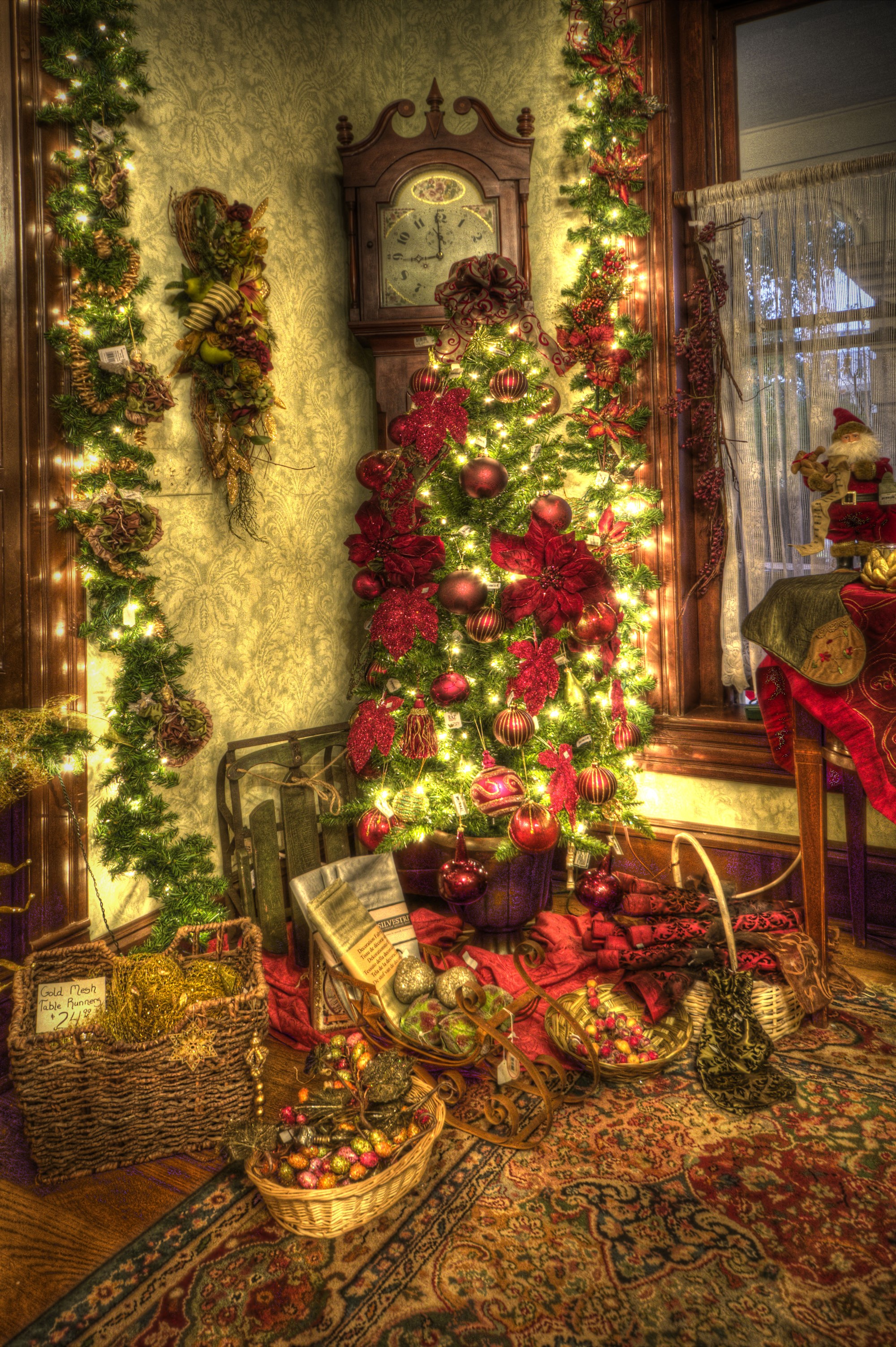 Christmas Tree with Ornaments and Grandfather Clock HD Phone Wallpaper