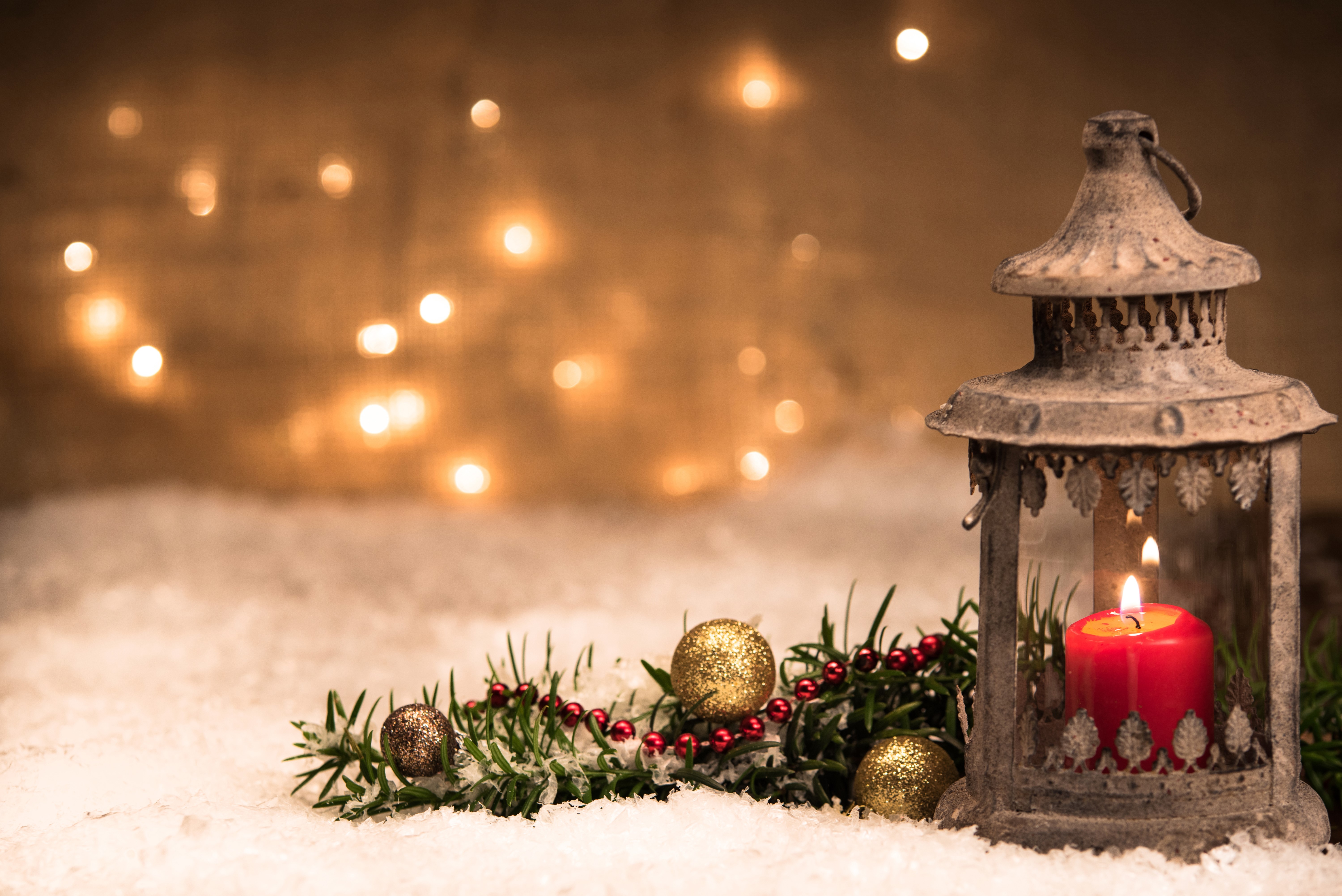 Christmas lantern with candle and decorations in snow HD Wallpaper