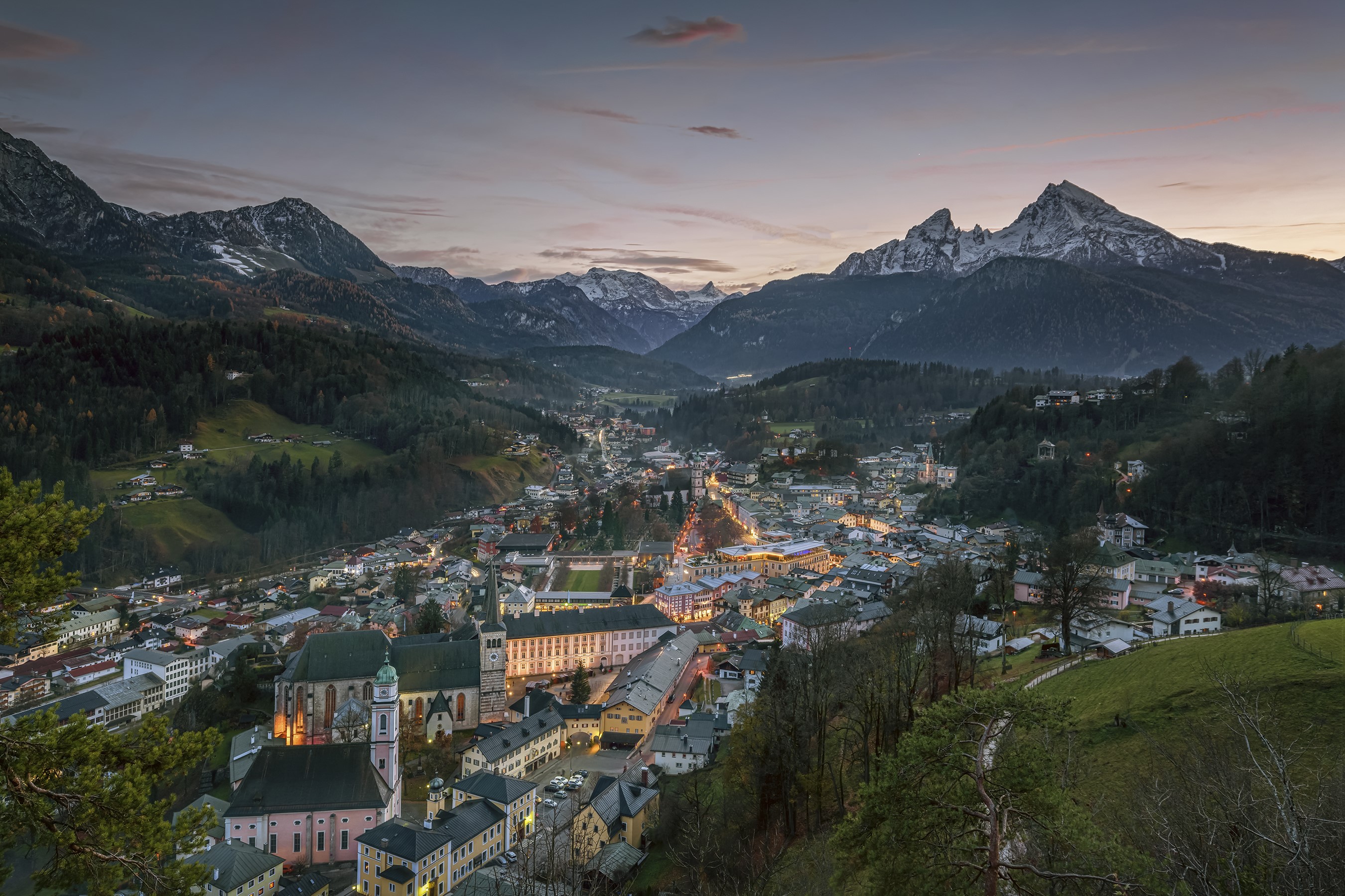 Berchtesgaden, Germany at Dusk with Mountains HD Wallpaper