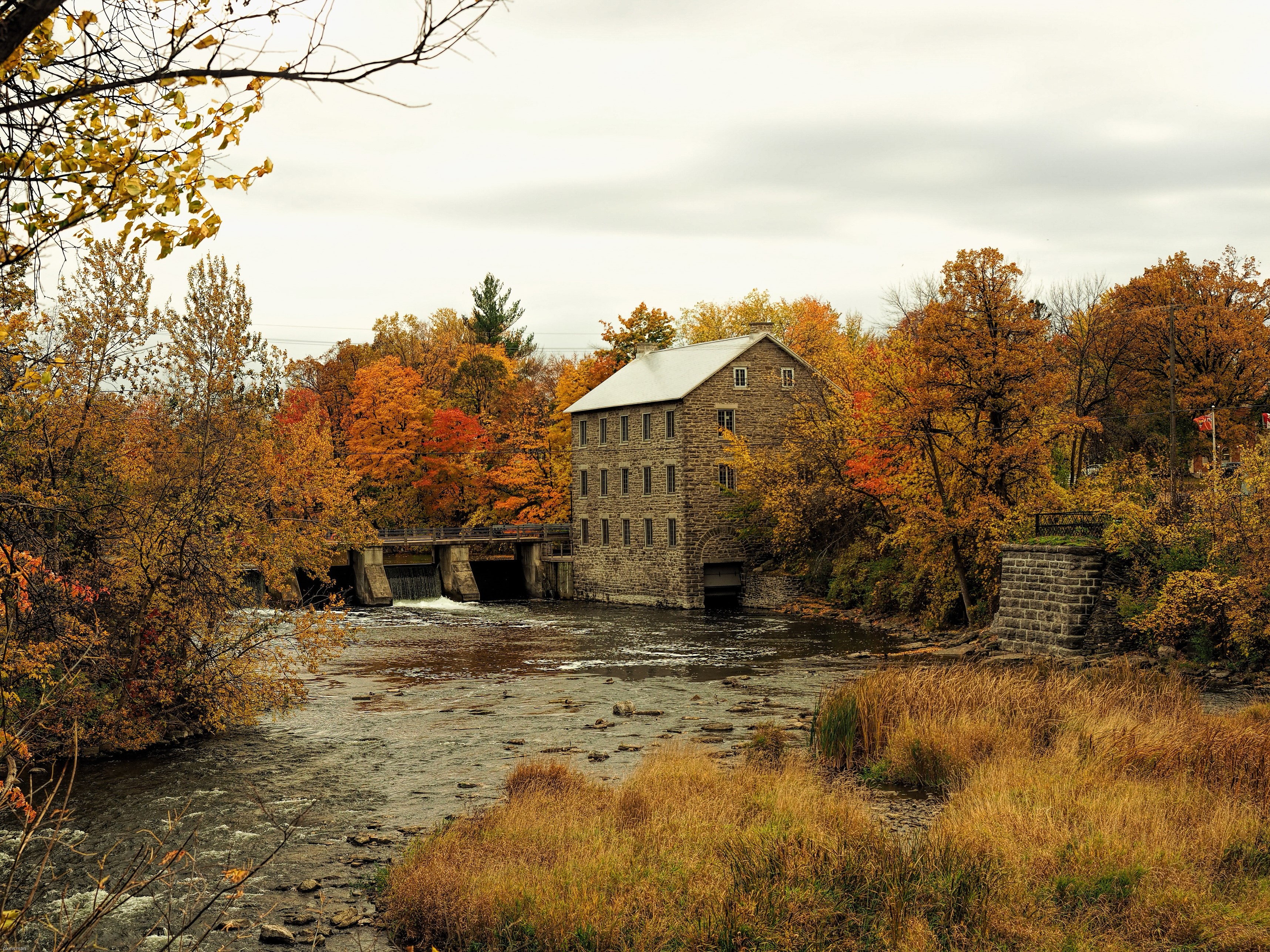 Stone Mill by a River in Autumn HD Wallpaper