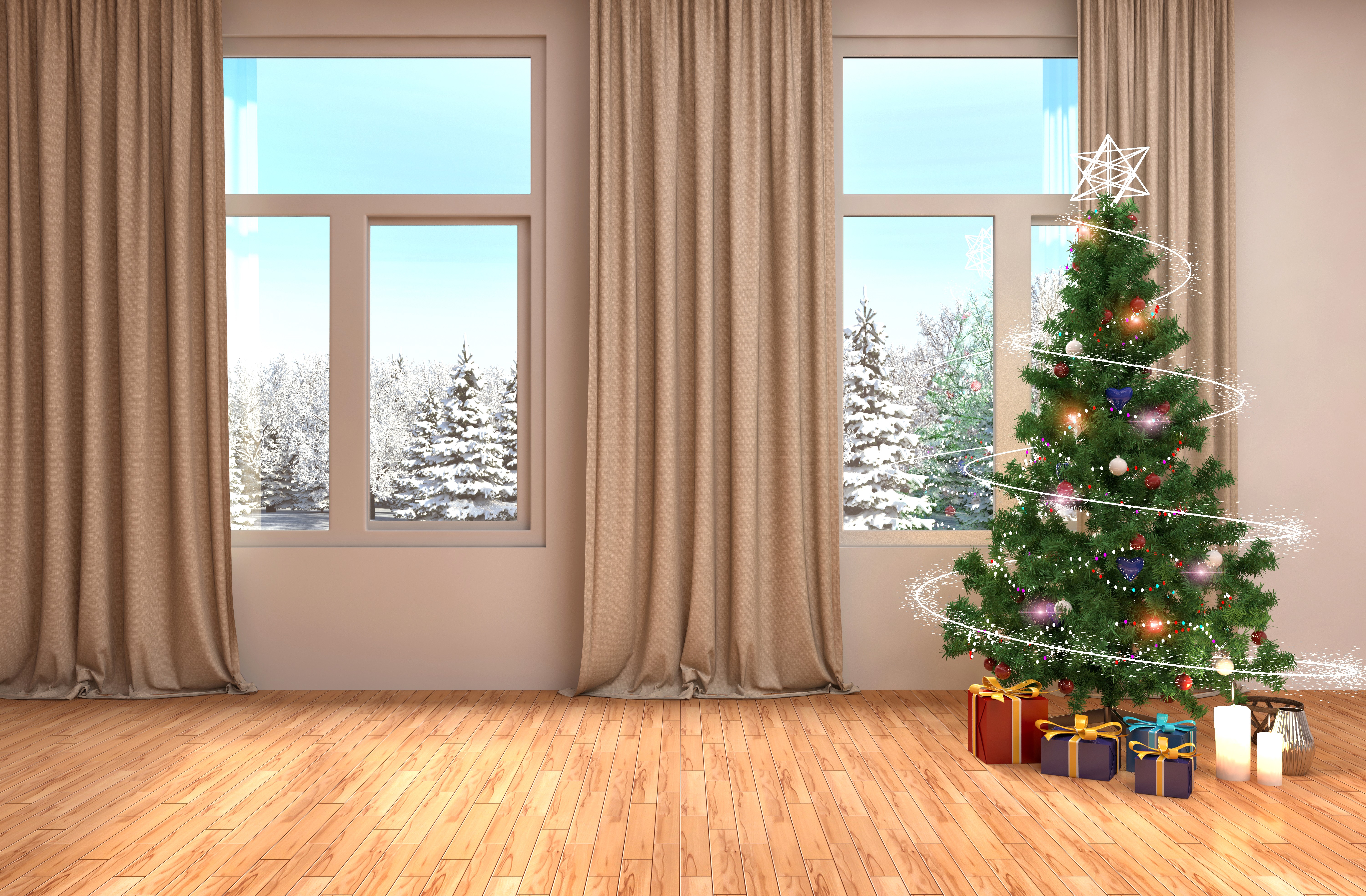 Christmas Tree with Gifts and Candles by the Window HD Wallpaper