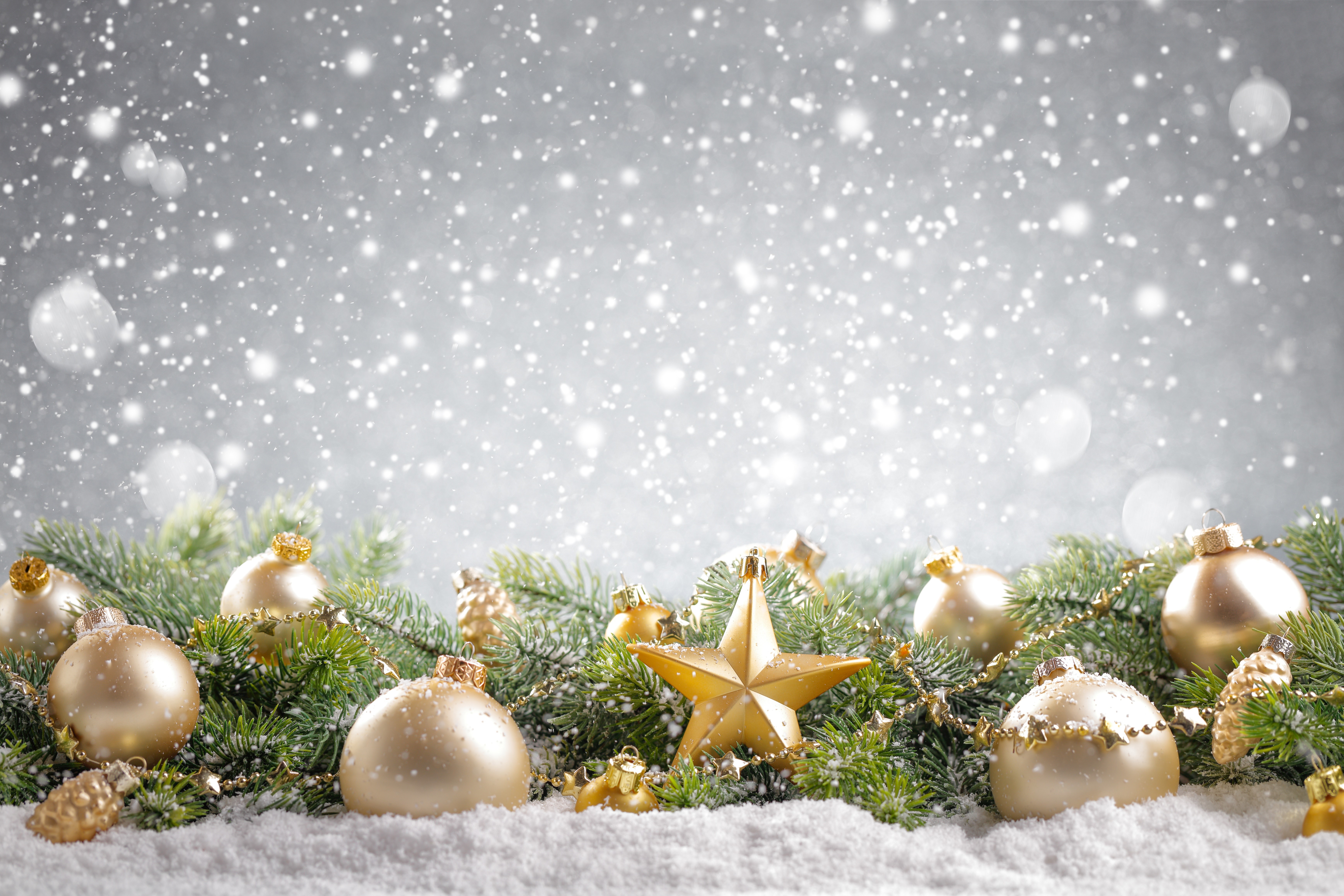 Christmas ornaments and fir branches in snow HD Wallpaper