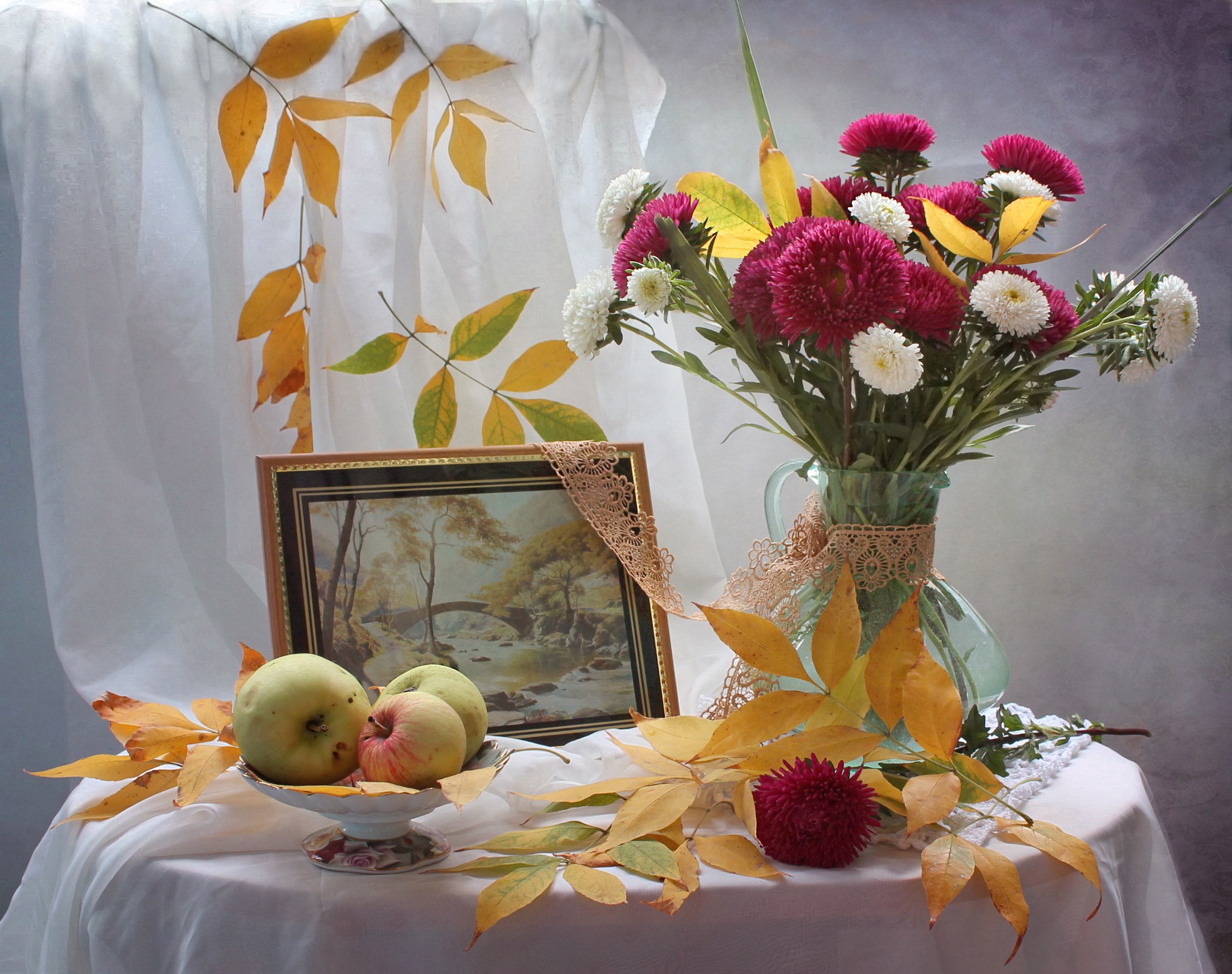 Autumn still-life with asters, apples, and a painting HD Wallpaper