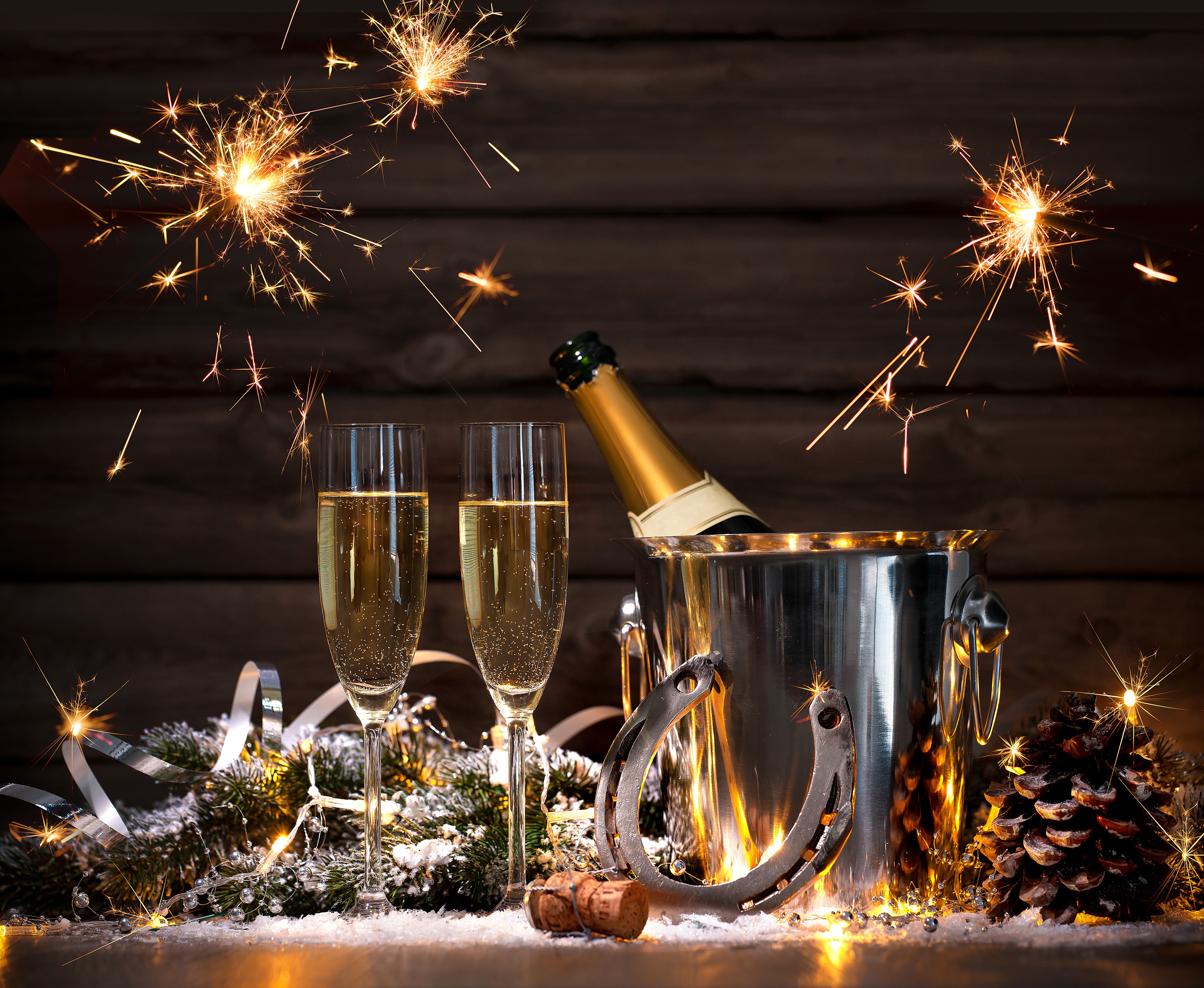 Champagne, Sparklers, and Holiday Decorations HD Wallpaper
