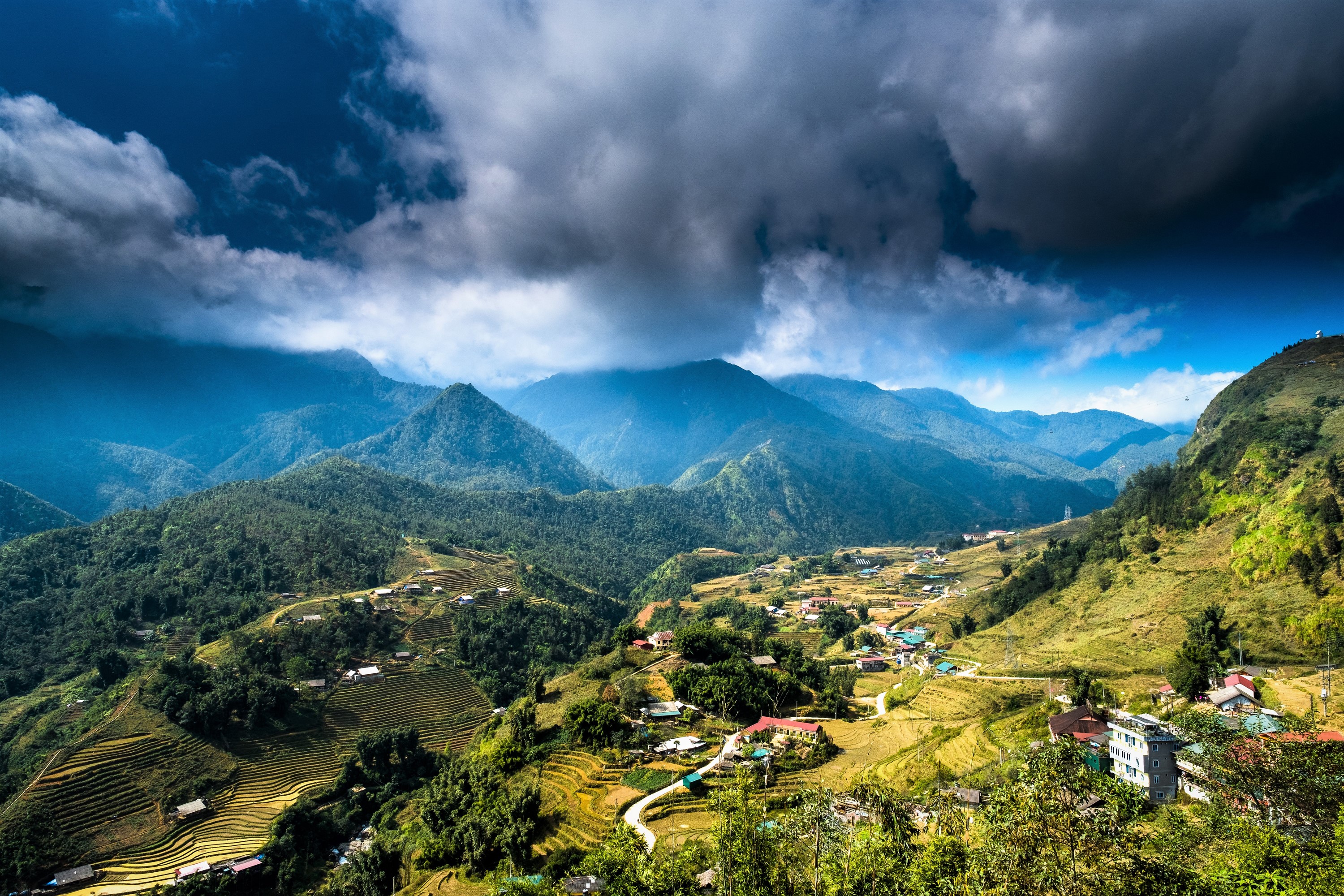 Terraced fields and villages in the mountains of Vietnam HD Wallpaper