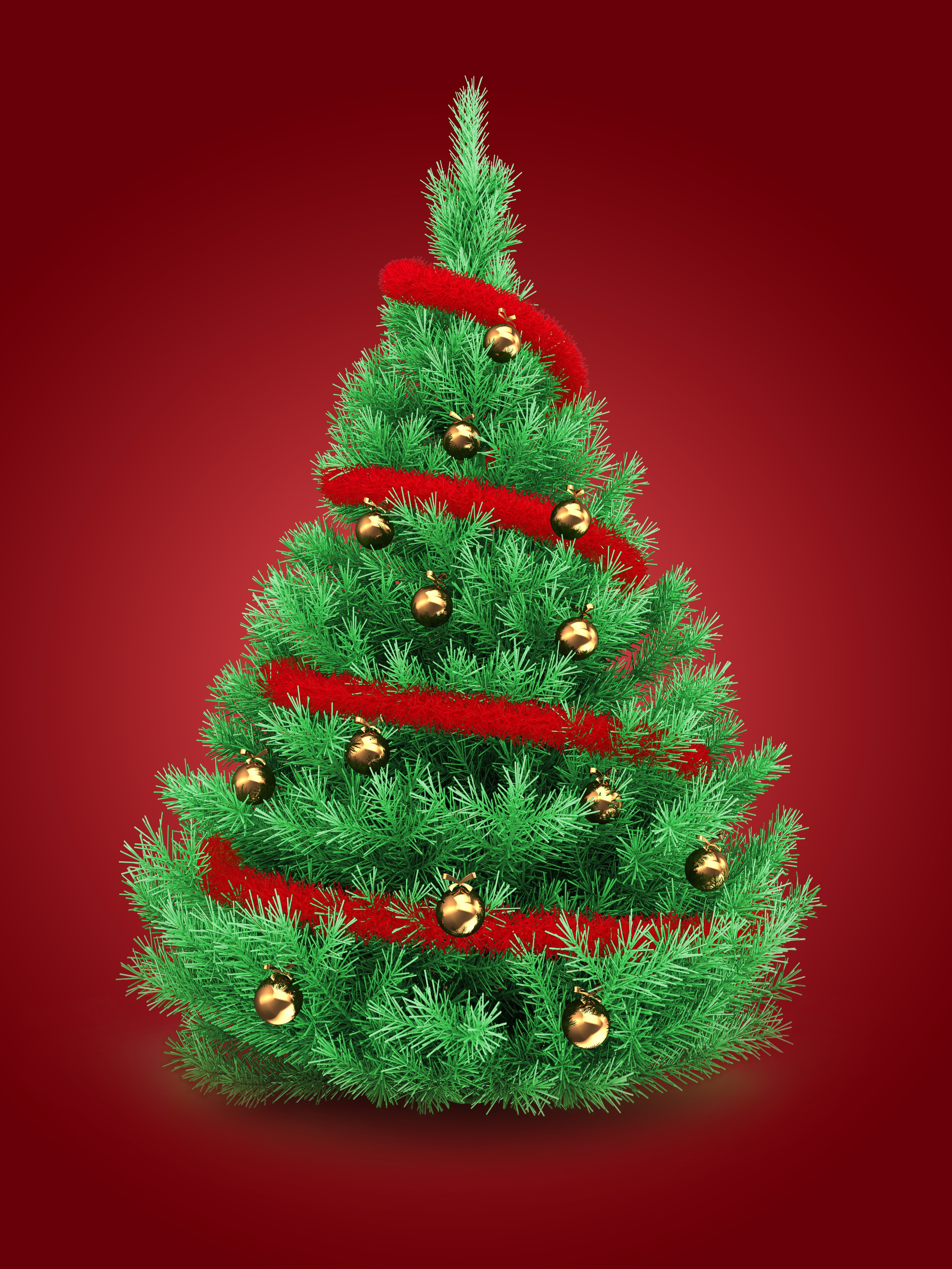 Christmas tree with red tinsel and gold ornaments HD Phone Wallpaper