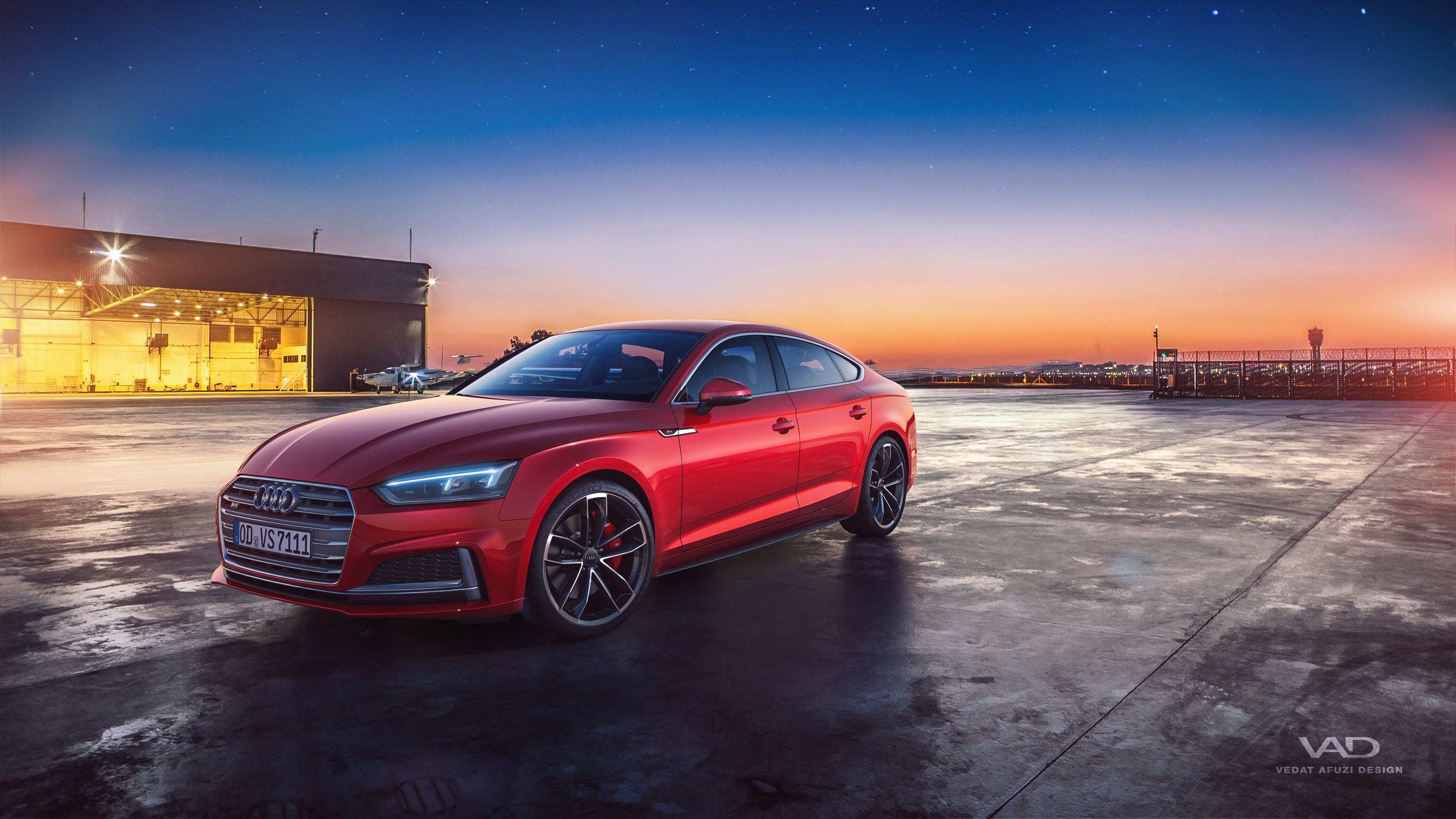 Red Audi S5 Sportback at Airport Hangar at Dusk HD Wallpaper