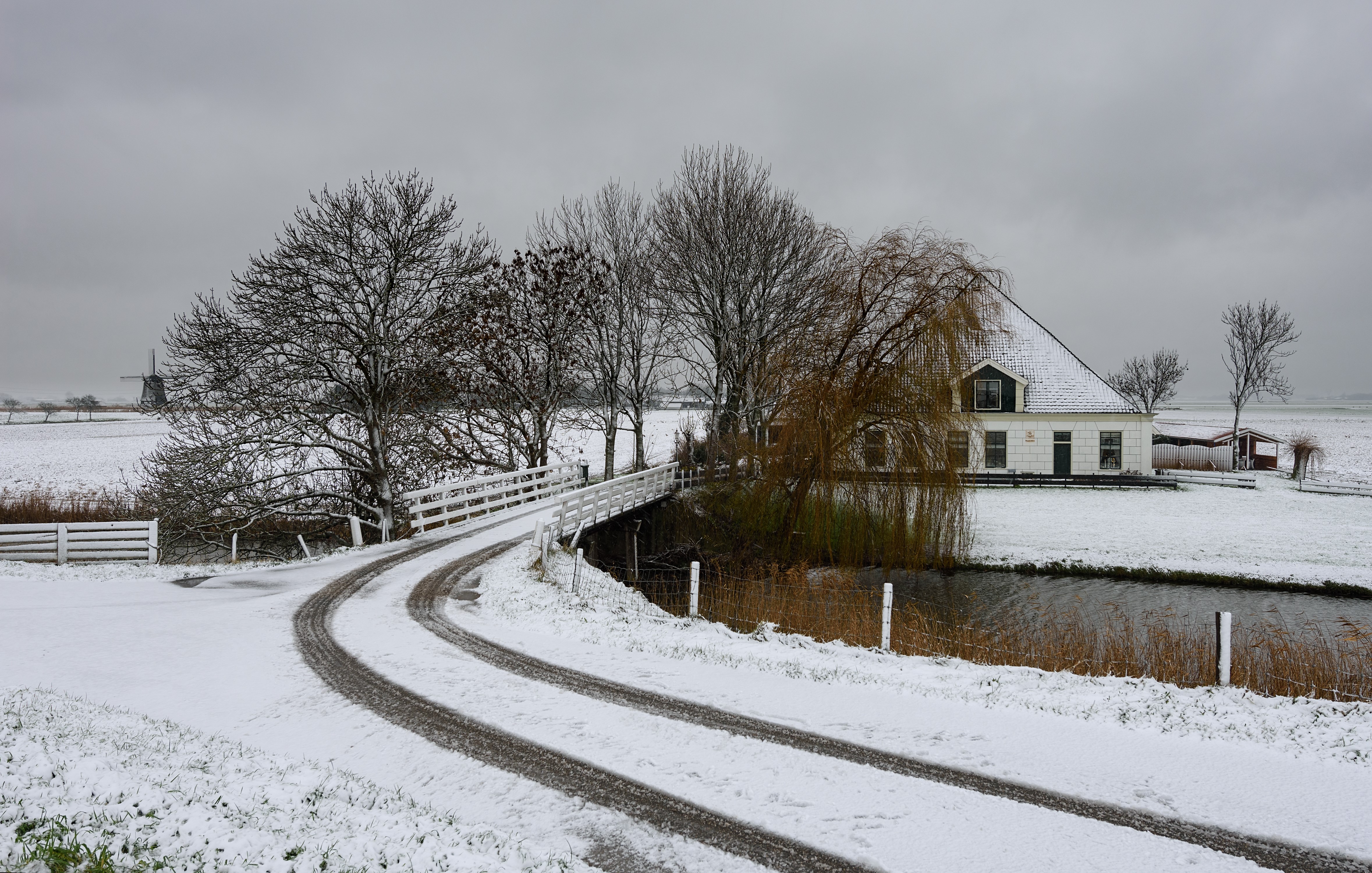 4K Winter Scene in the Netherlands with Snow HD Wallpaper