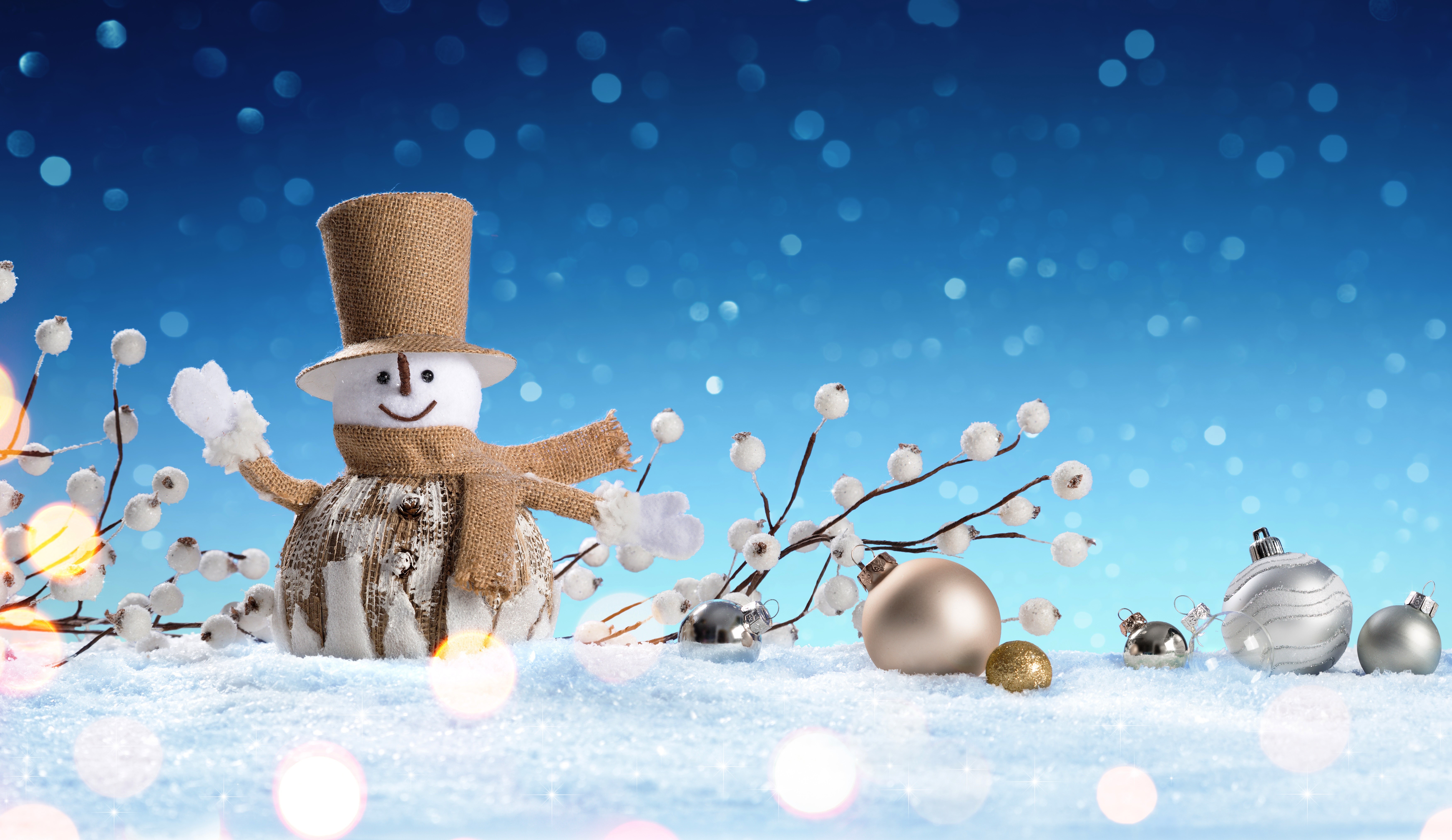 Christmas snowman with ornaments and snow HD Wallpaper